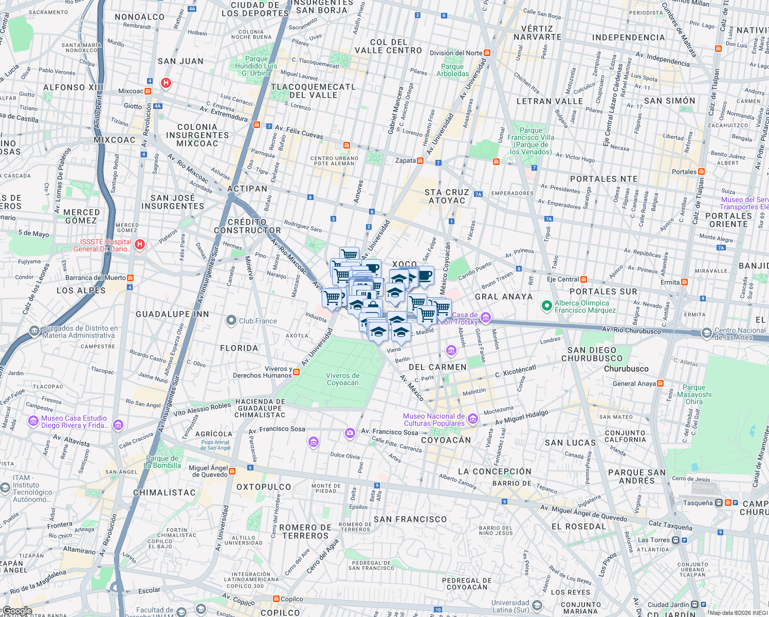 map of restaurants, bars, coffee shops, grocery stores, and more near 601 Avenida Río Churubusco in Ciudad de México