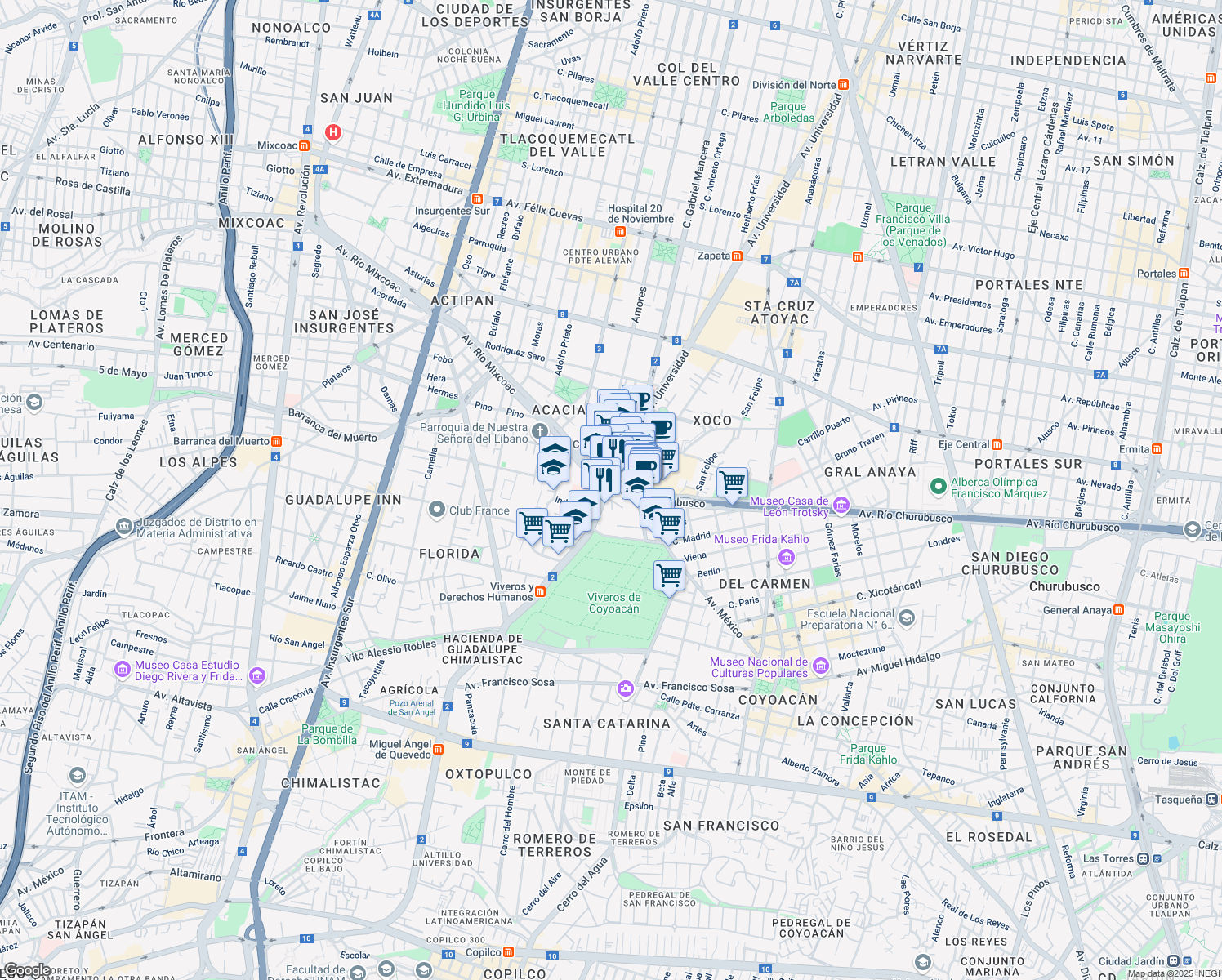 map of restaurants, bars, coffee shops, grocery stores, and more near 1320 Avenida Universidad in Ciudad de México