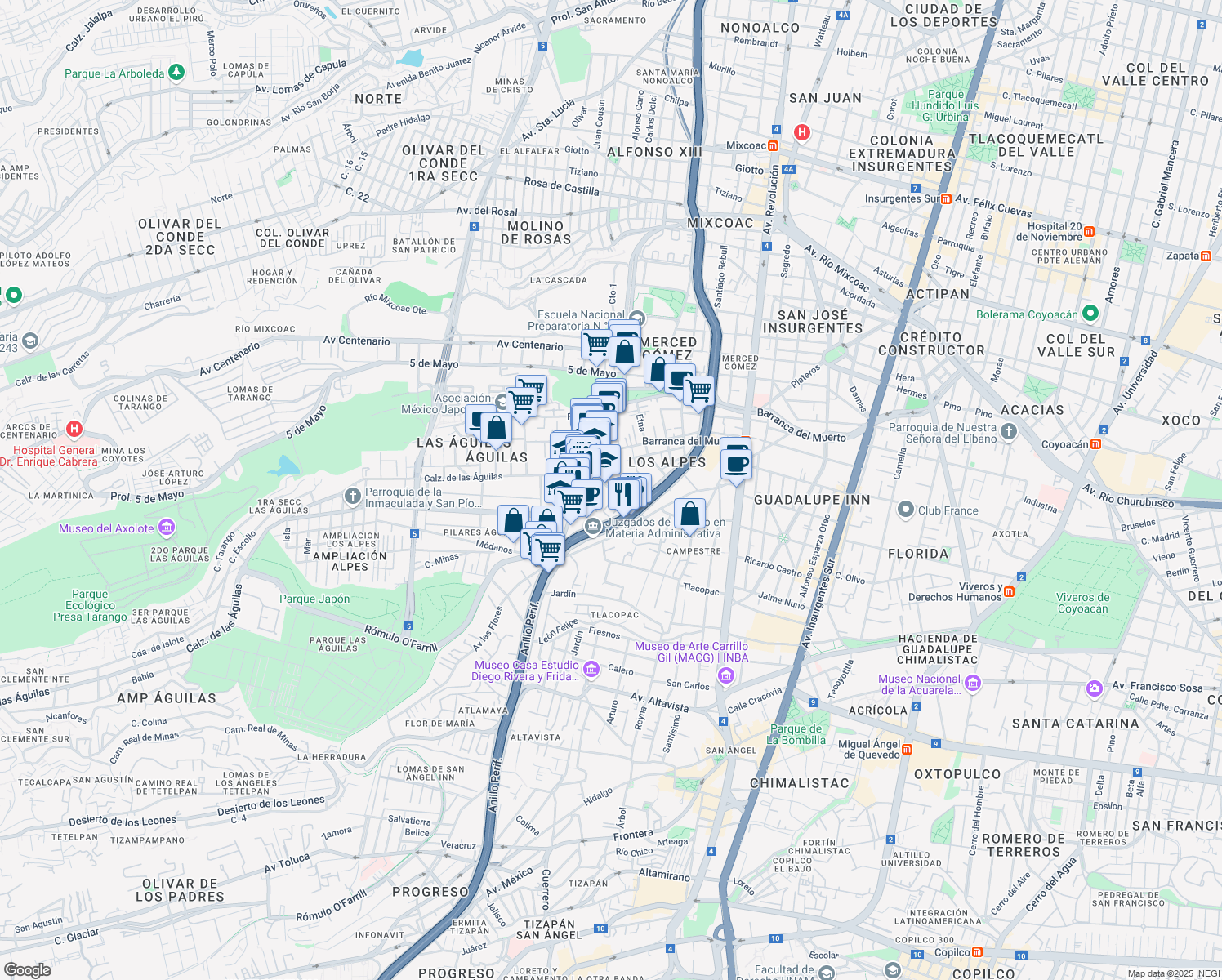 map of restaurants, bars, coffee shops, grocery stores, and more near Calzada de Las Aguilas in Ciudad de México