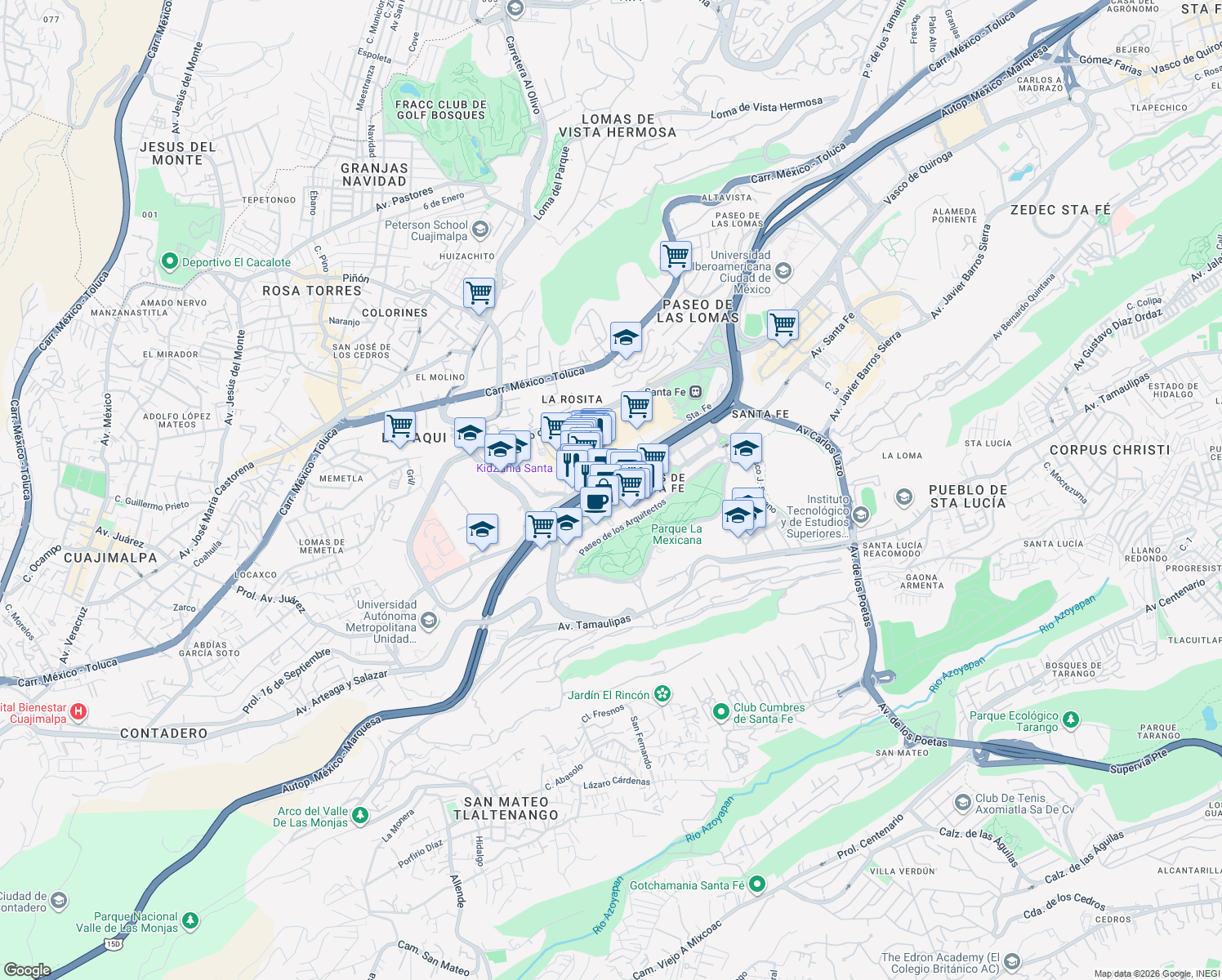 map of restaurants, bars, coffee shops, grocery stores, and more near 1196 Prolongación Paseo de la Reforma in Ciudad de México