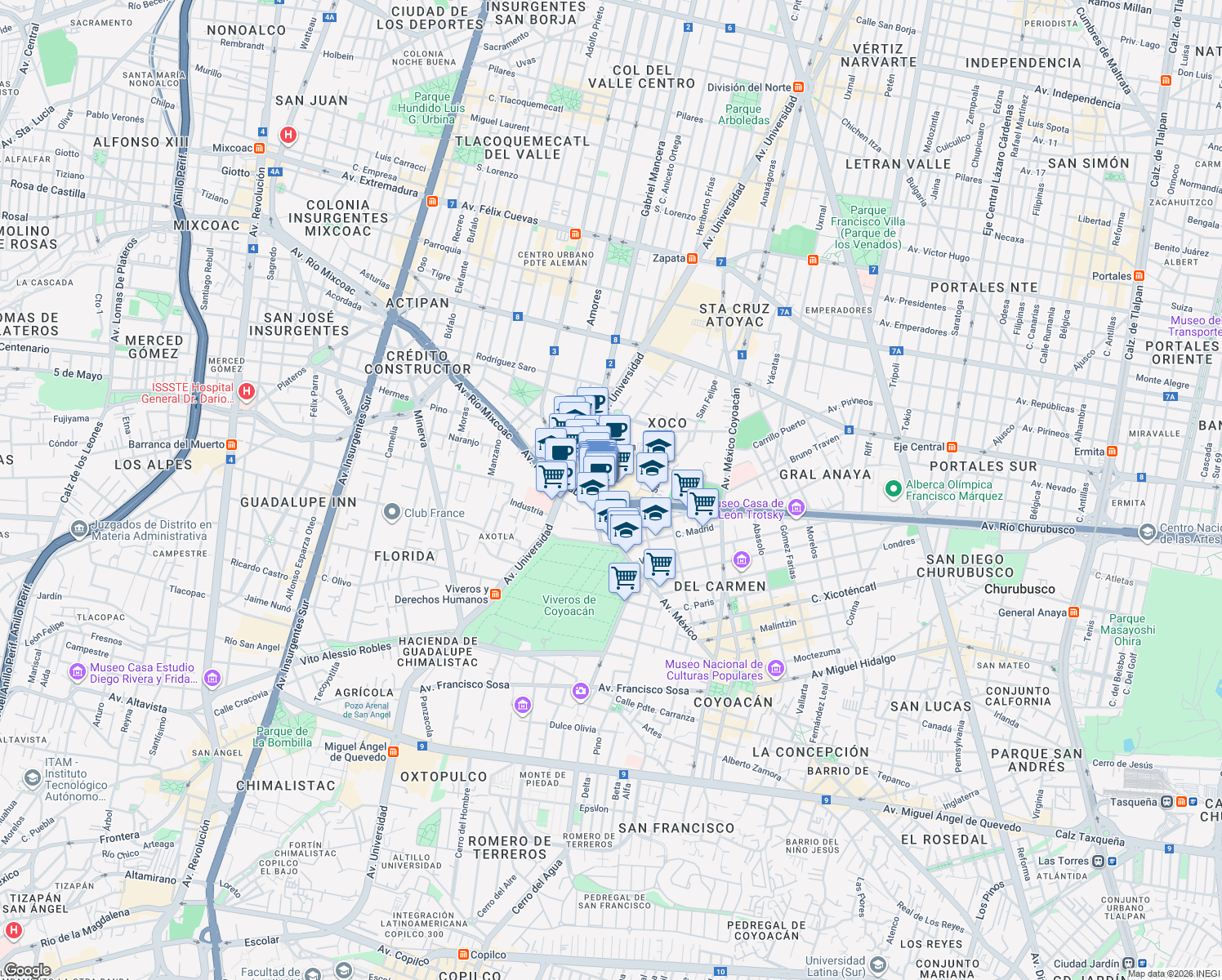 map of restaurants, bars, coffee shops, grocery stores, and more near 25 Avenida Río Churubusco in Ciudad de México