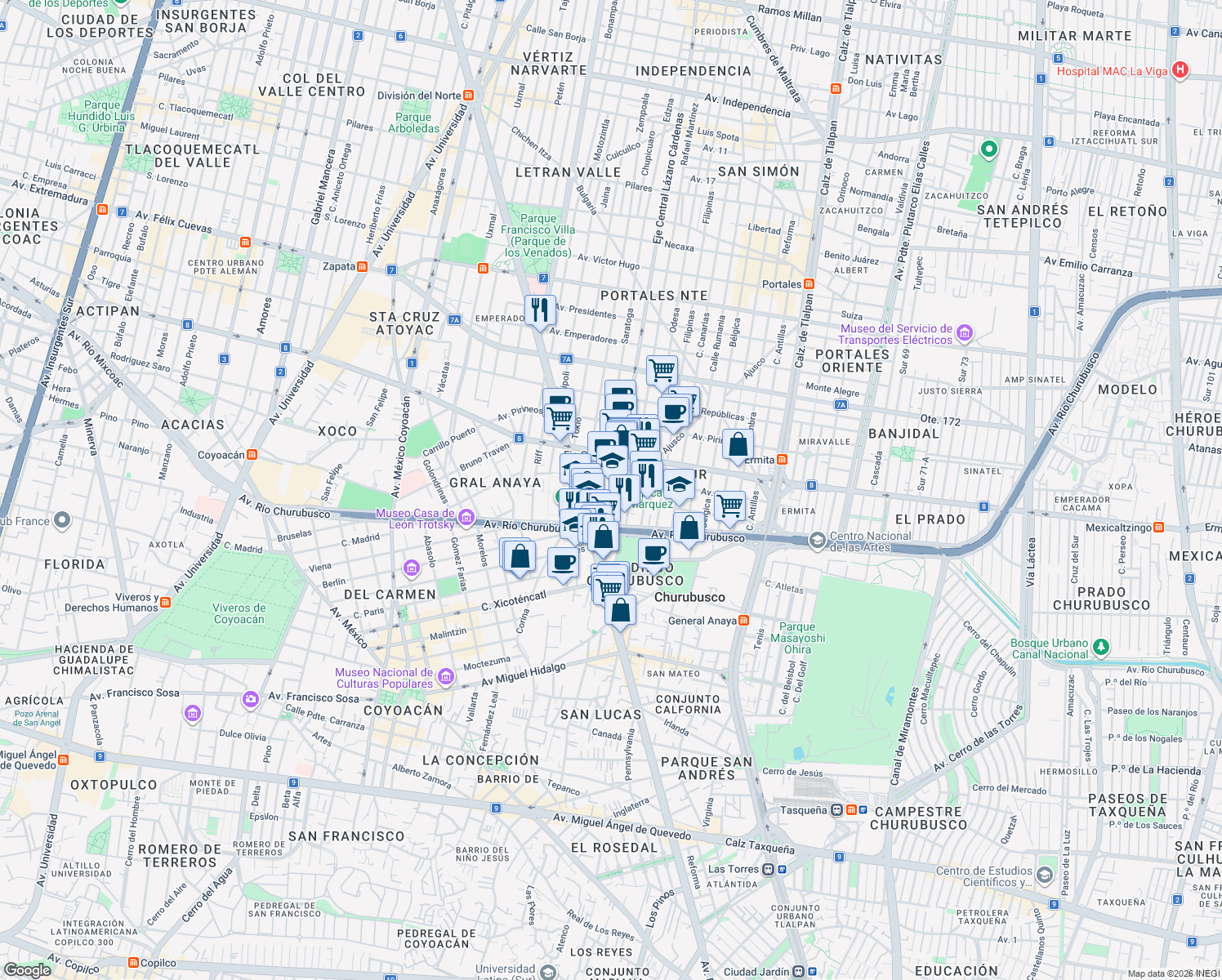 map of restaurants, bars, coffee shops, grocery stores, and more near 1118 Eje Central Lázaro Cárdenas in Ciudad de México