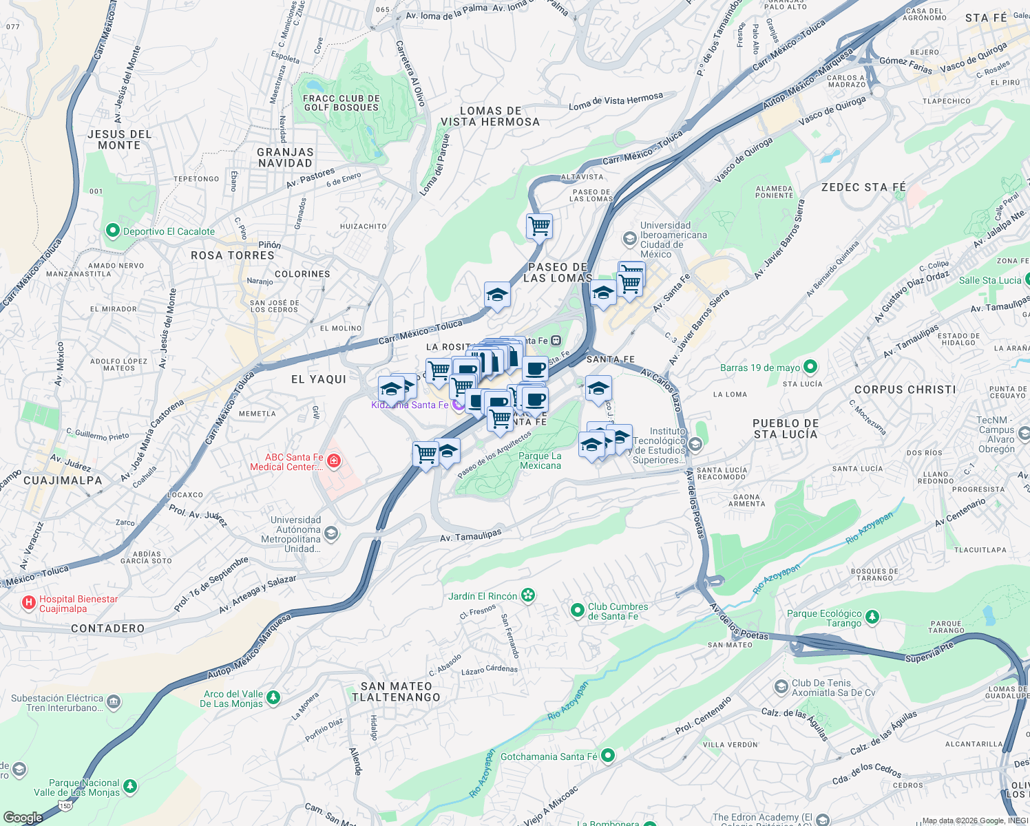 map of restaurants, bars, coffee shops, grocery stores, and more near 481 Avenida Santa Fe in Ciudad de México