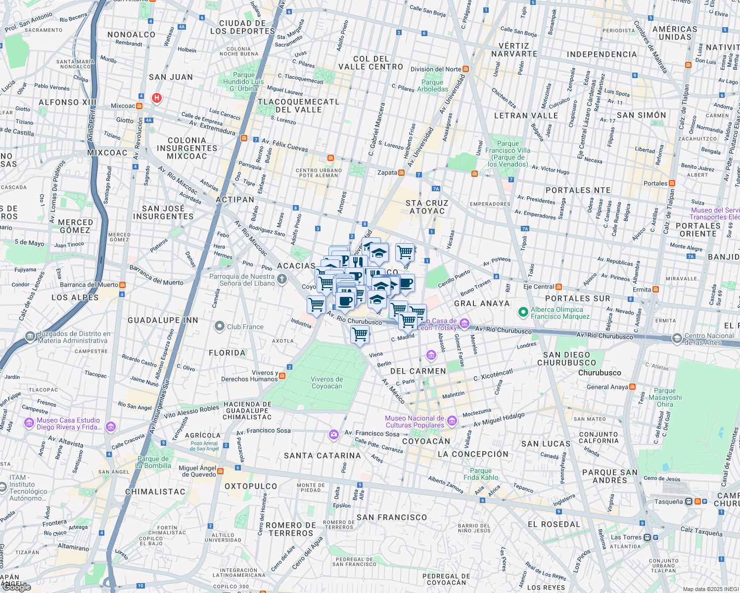 map of restaurants, bars, coffee shops, grocery stores, and more near 130 Real Mayorazgo in Ciudad de México