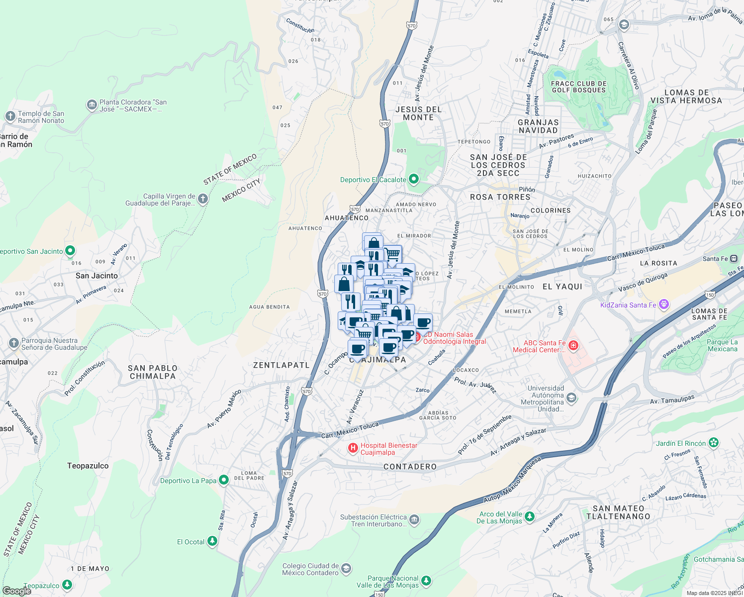 map of restaurants, bars, coffee shops, grocery stores, and more near Avenida México in Ciudad de México