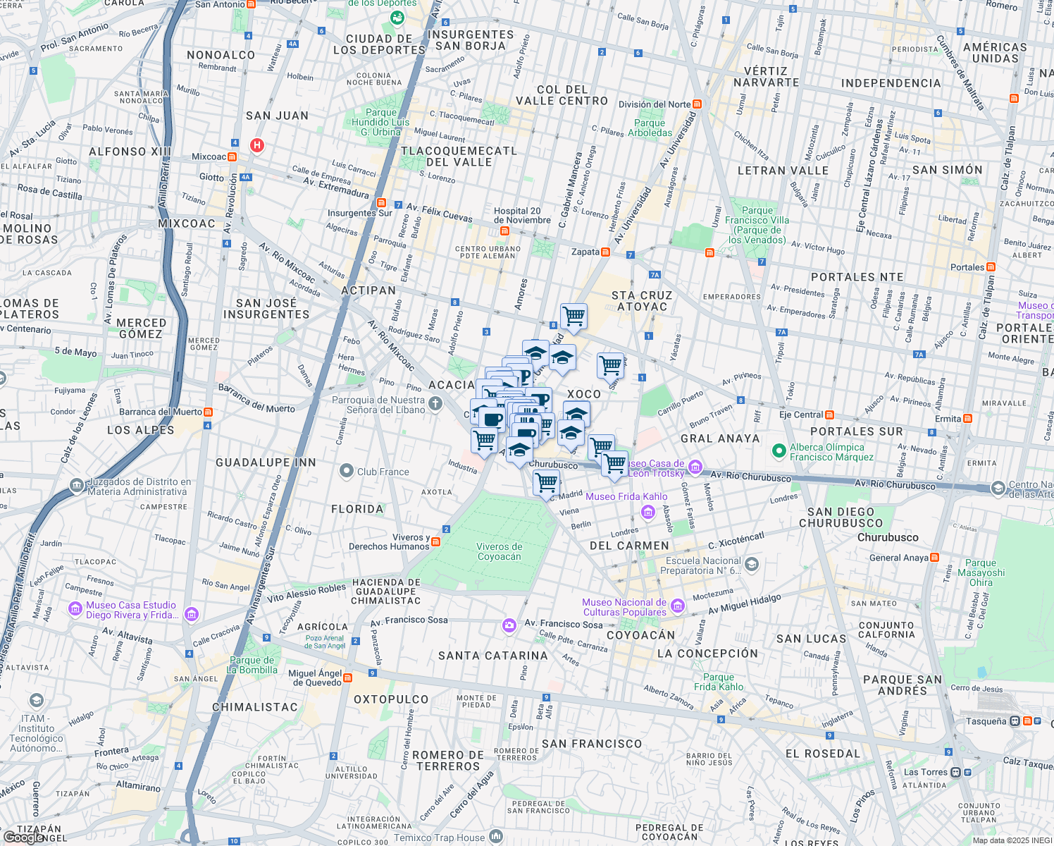 map of restaurants, bars, coffee shops, grocery stores, and more near 130 Real Mayorazgo in Ciudad de México