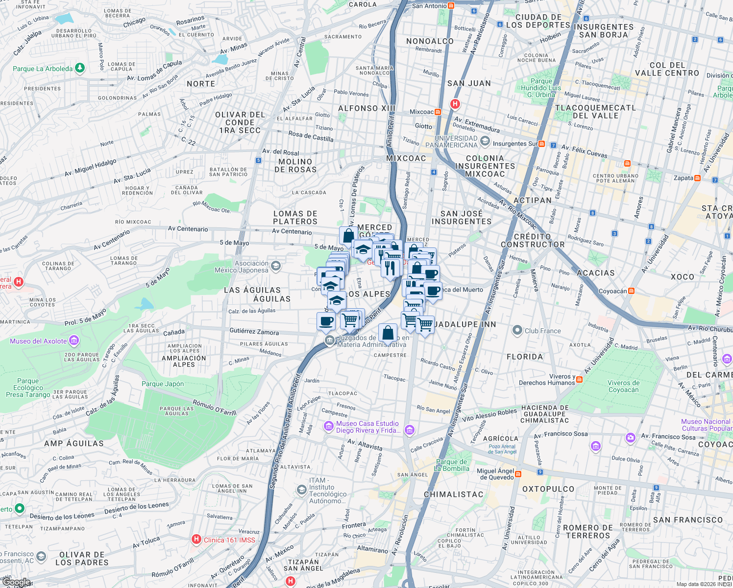 map of restaurants, bars, coffee shops, grocery stores, and more near in Ciudad de México