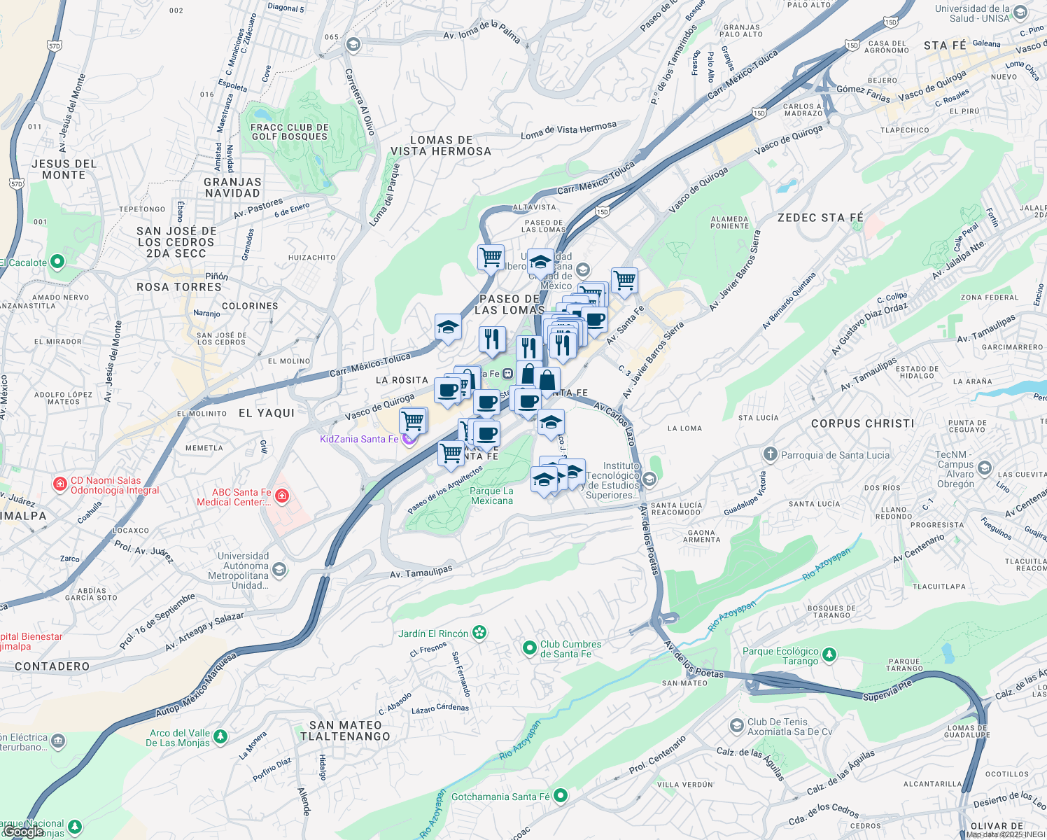 map of restaurants, bars, coffee shops, grocery stores, and more near 434 Avenida Santa Fe in Ciudad de México