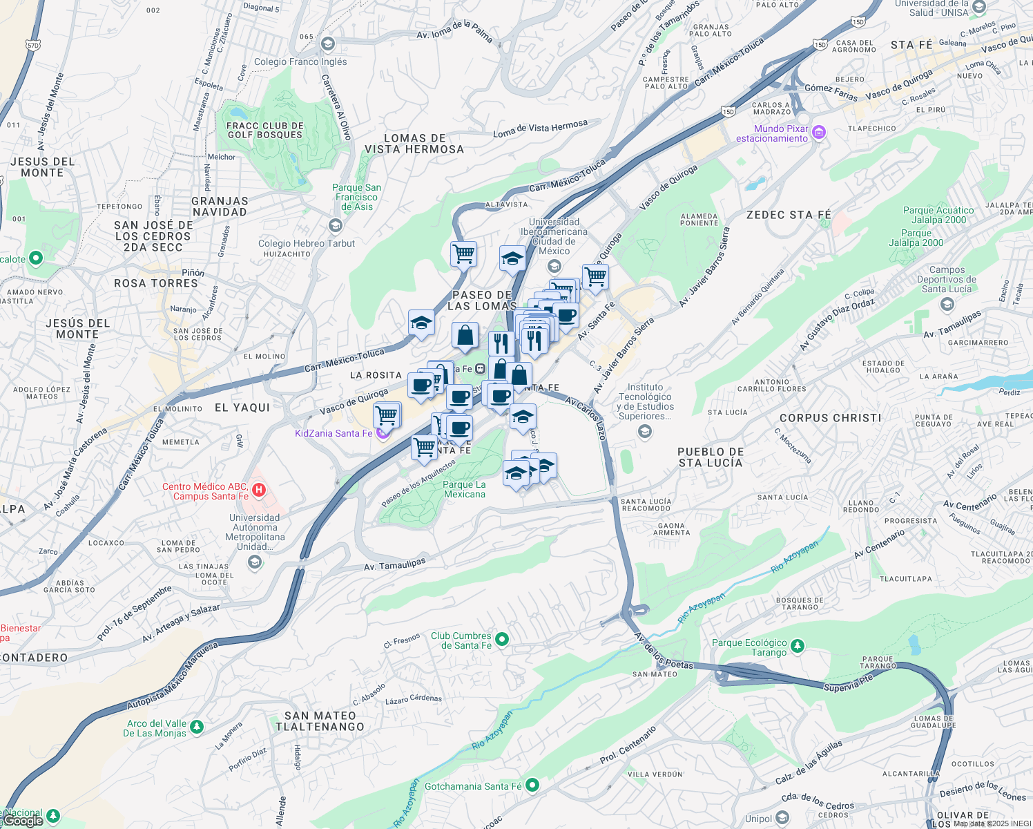 map of restaurants, bars, coffee shops, grocery stores, and more near 428 Avenida Santa Fe in Ciudad de México