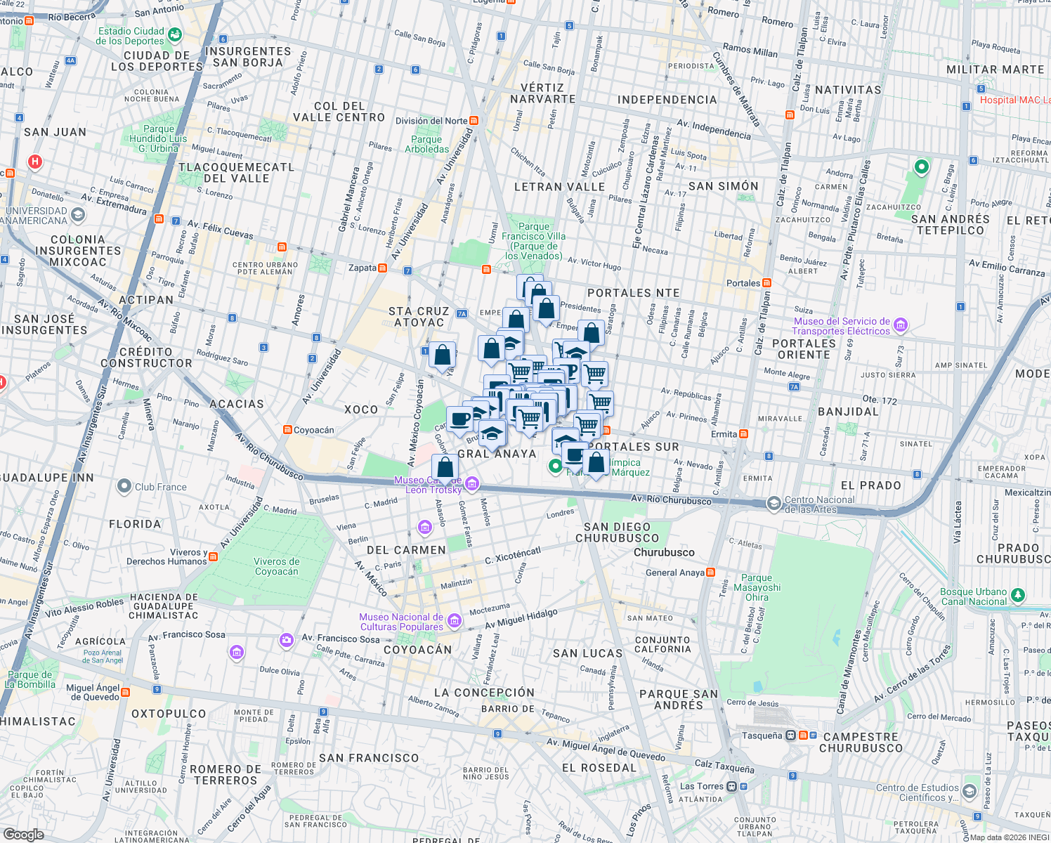 map of restaurants, bars, coffee shops, grocery stores, and more near 216 Avenida Popocatépetl in Ciudad de México