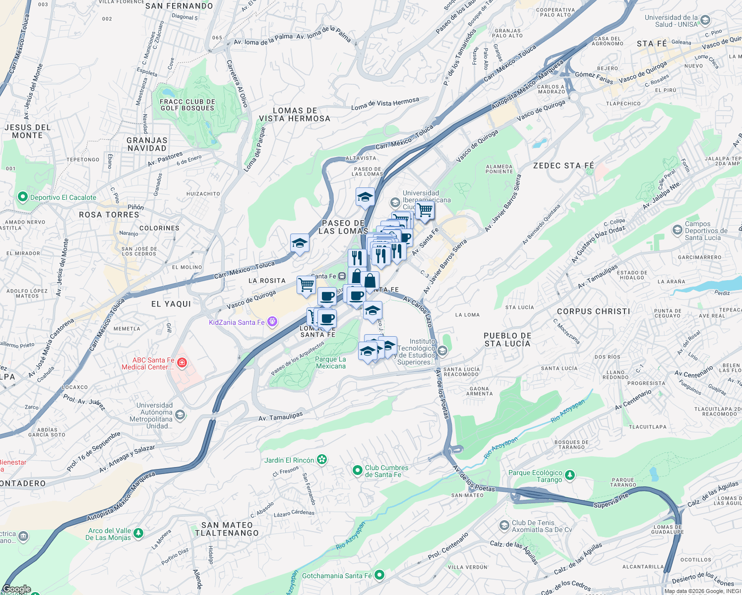 map of restaurants, bars, coffee shops, grocery stores, and more near 434 Avenida Santa Fe in Ciudad de México