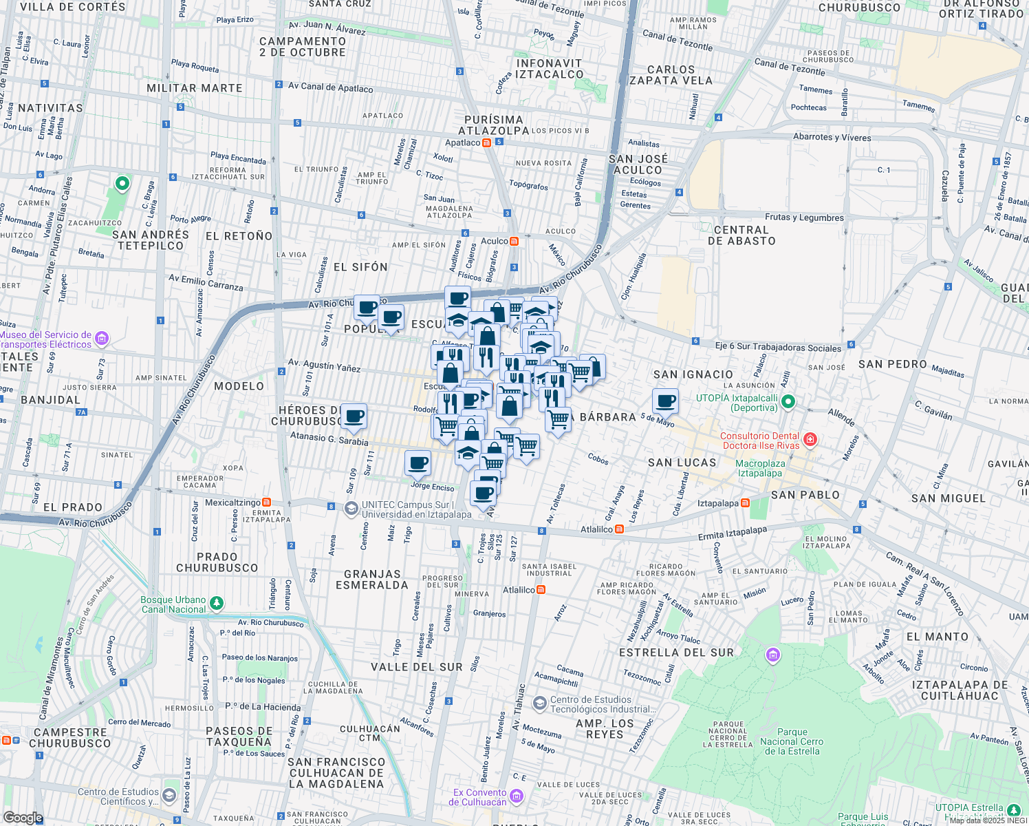 map of restaurants, bars, coffee shops, grocery stores, and more near 198 Avenida Año de Juárez in Ciudad de México