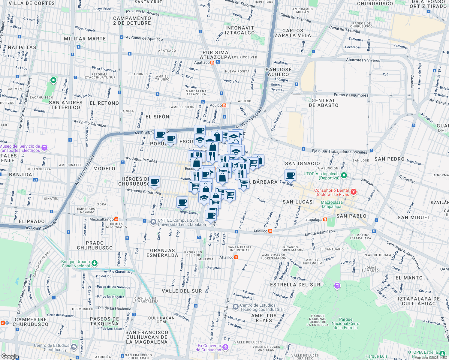 map of restaurants, bars, coffee shops, grocery stores, and more near 198 Avenida Año de Juárez in Ciudad de México
