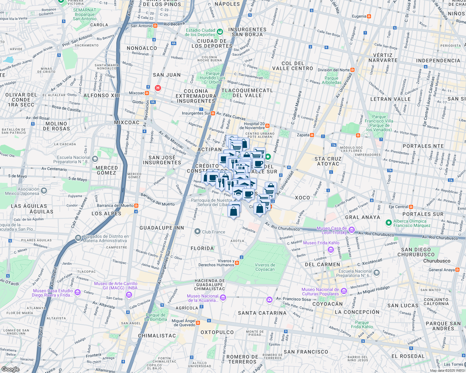 map of restaurants, bars, coffee shops, grocery stores, and more near 850 Moras in Ciudad de México