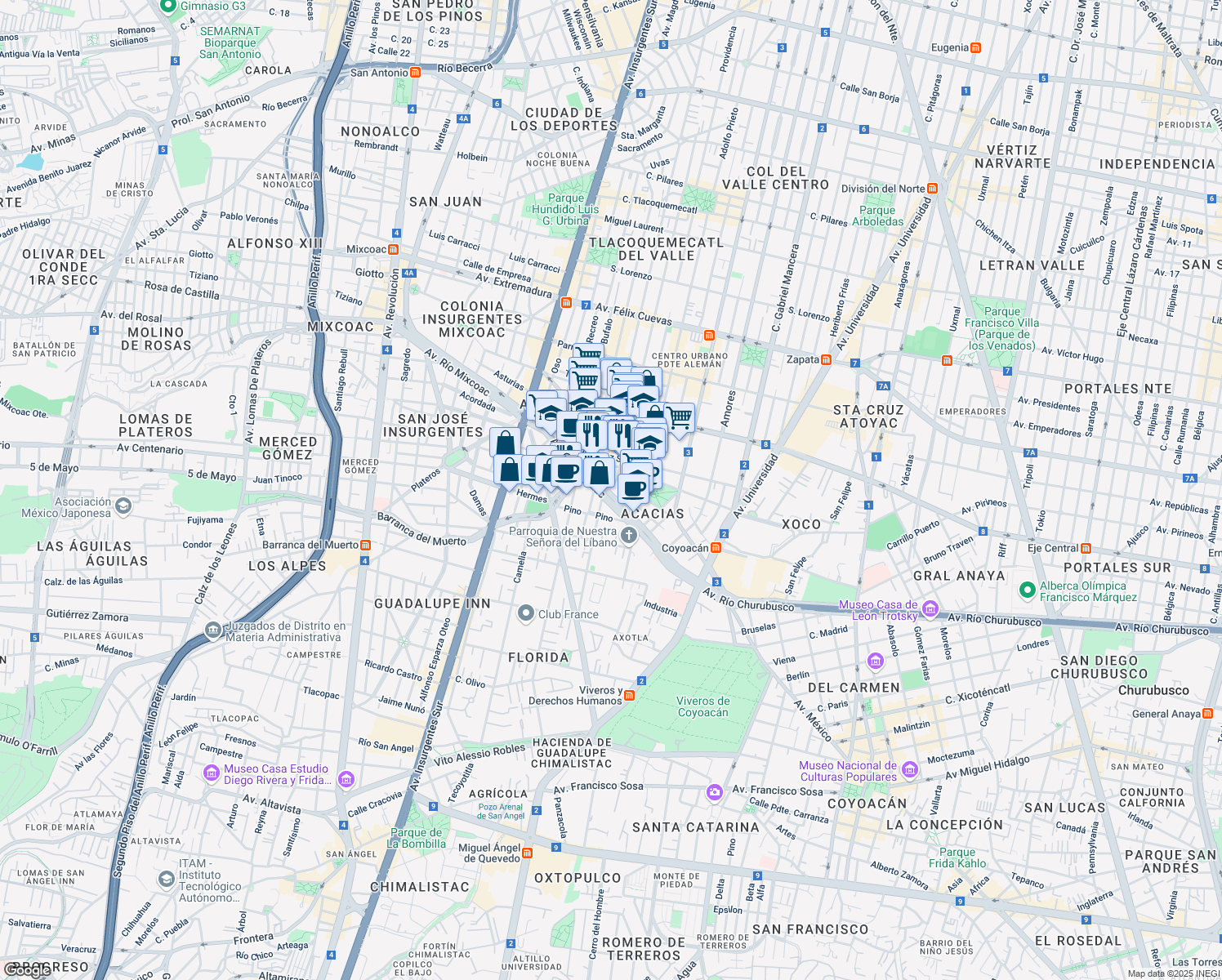 map of restaurants, bars, coffee shops, grocery stores, and more near 850 Moras in Ciudad de México