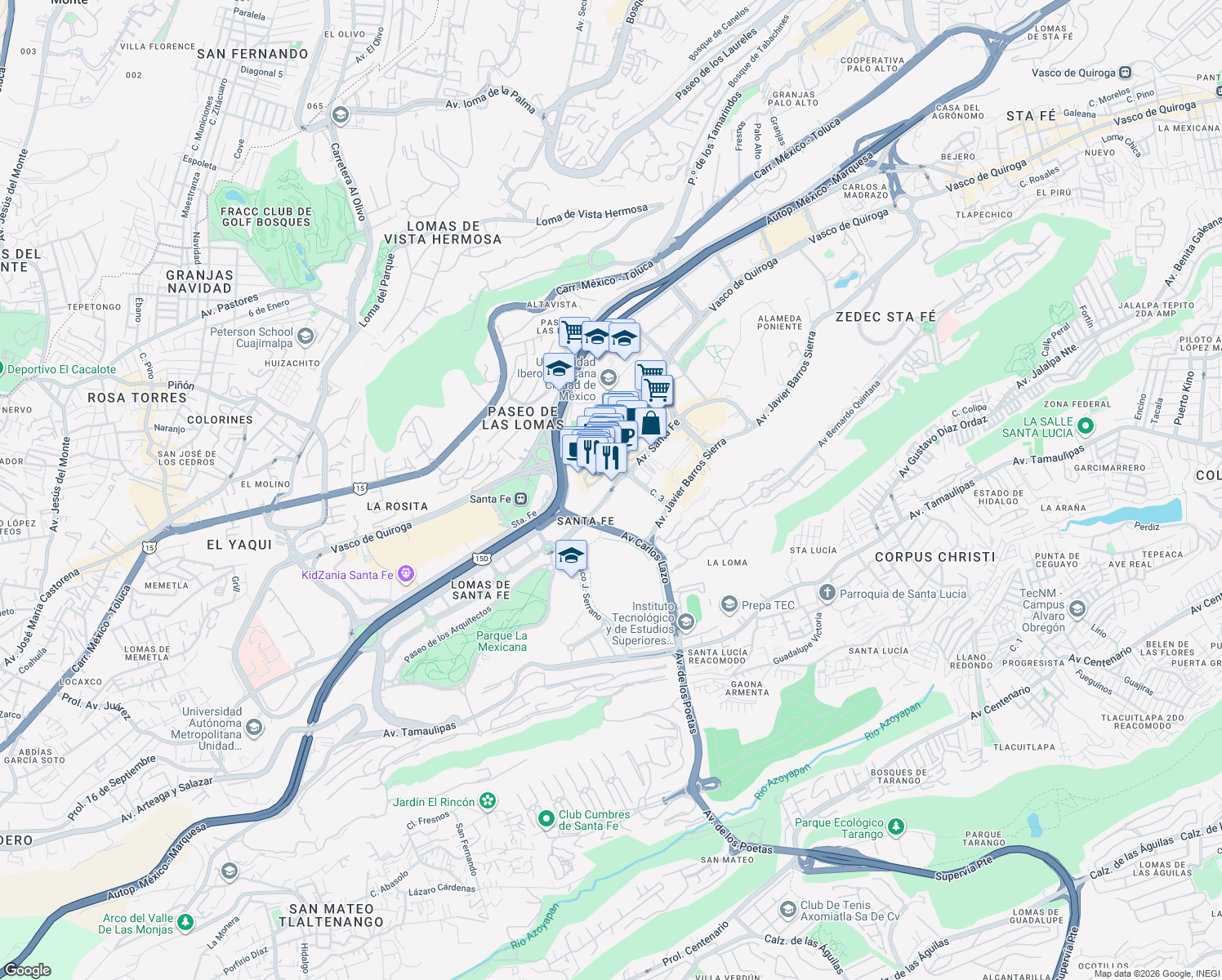 map of restaurants, bars, coffee shops, grocery stores, and more near 498 Avenida Santa Fe in Ciudad de México