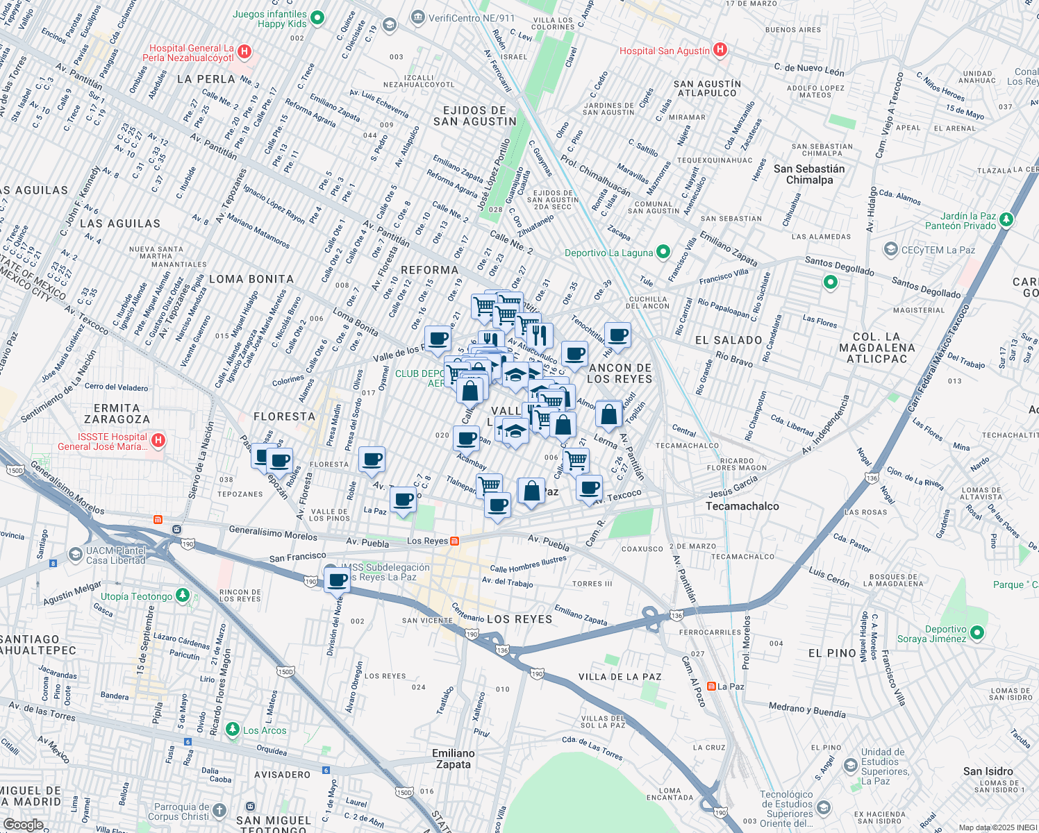 map of restaurants, bars, coffee shops, grocery stores, and more near in Los Reyes Acaquilpan