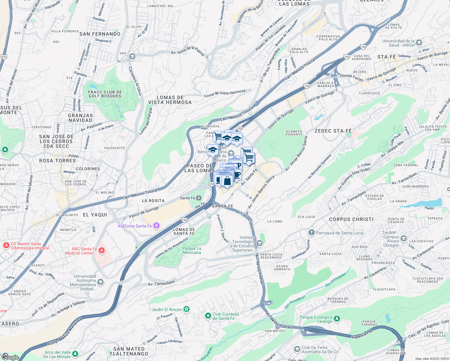 map of restaurants, bars, coffee shops, grocery stores, and more near 3200 Vasco de Quiroga in Ciudad de México