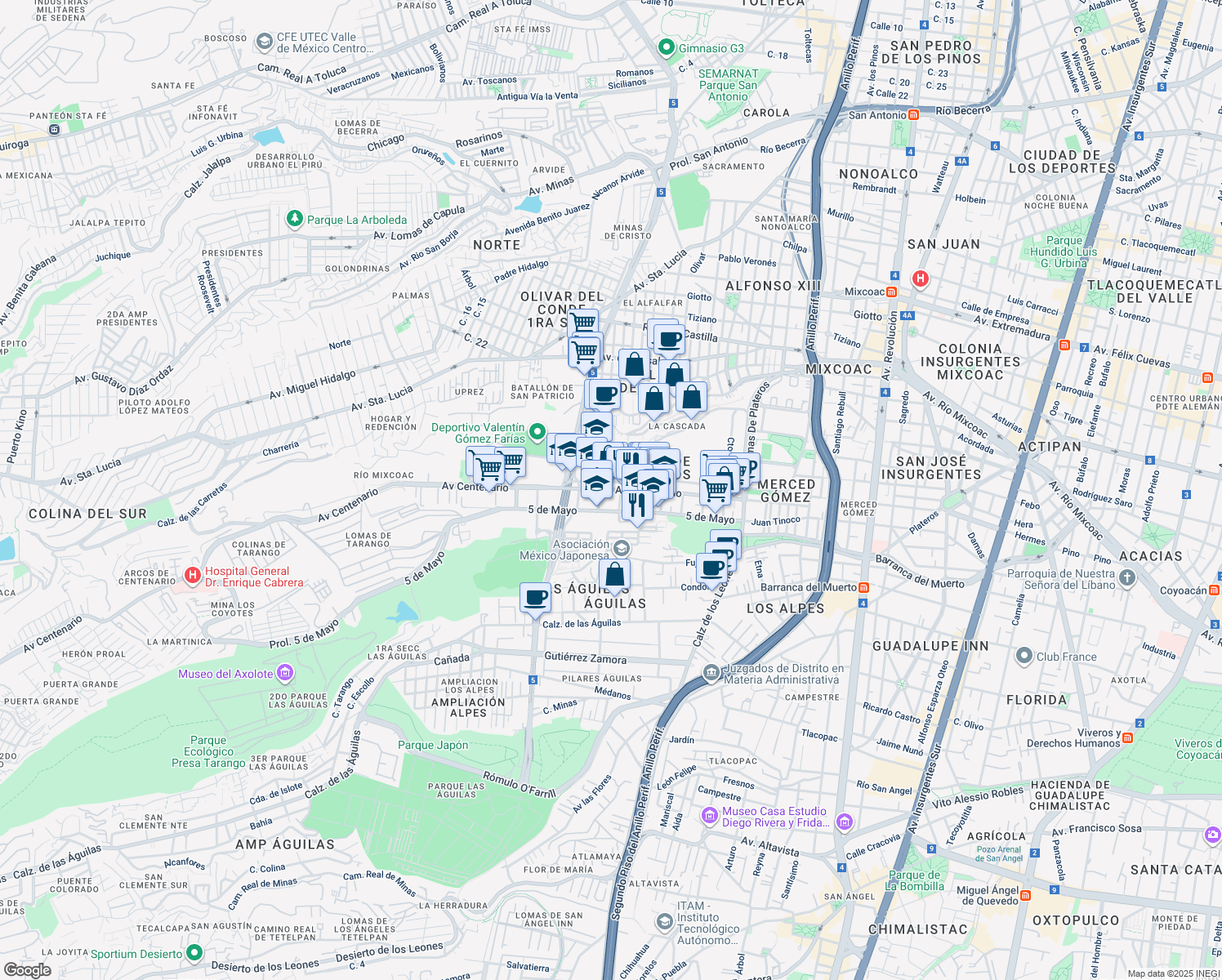 map of restaurants, bars, coffee shops, grocery stores, and more near Avenida Centenario in Ciudad de México