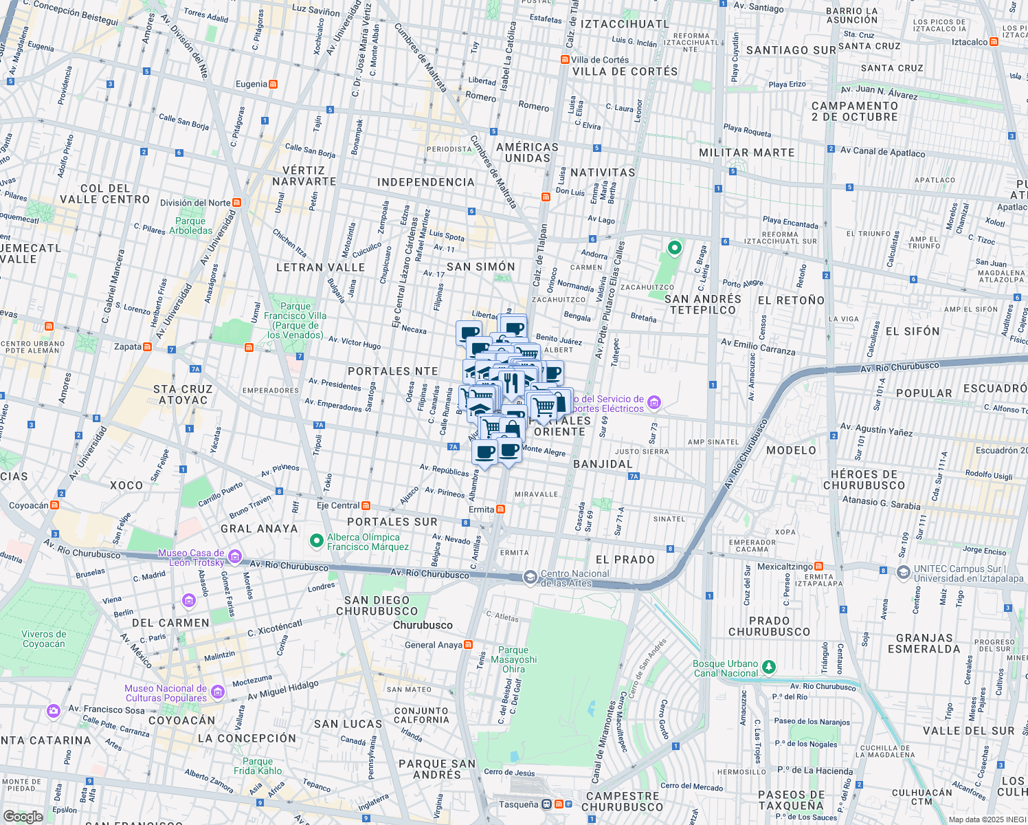 map of restaurants, bars, coffee shops, grocery stores, and more near Calzada de Tlalpan in Ciudad de México