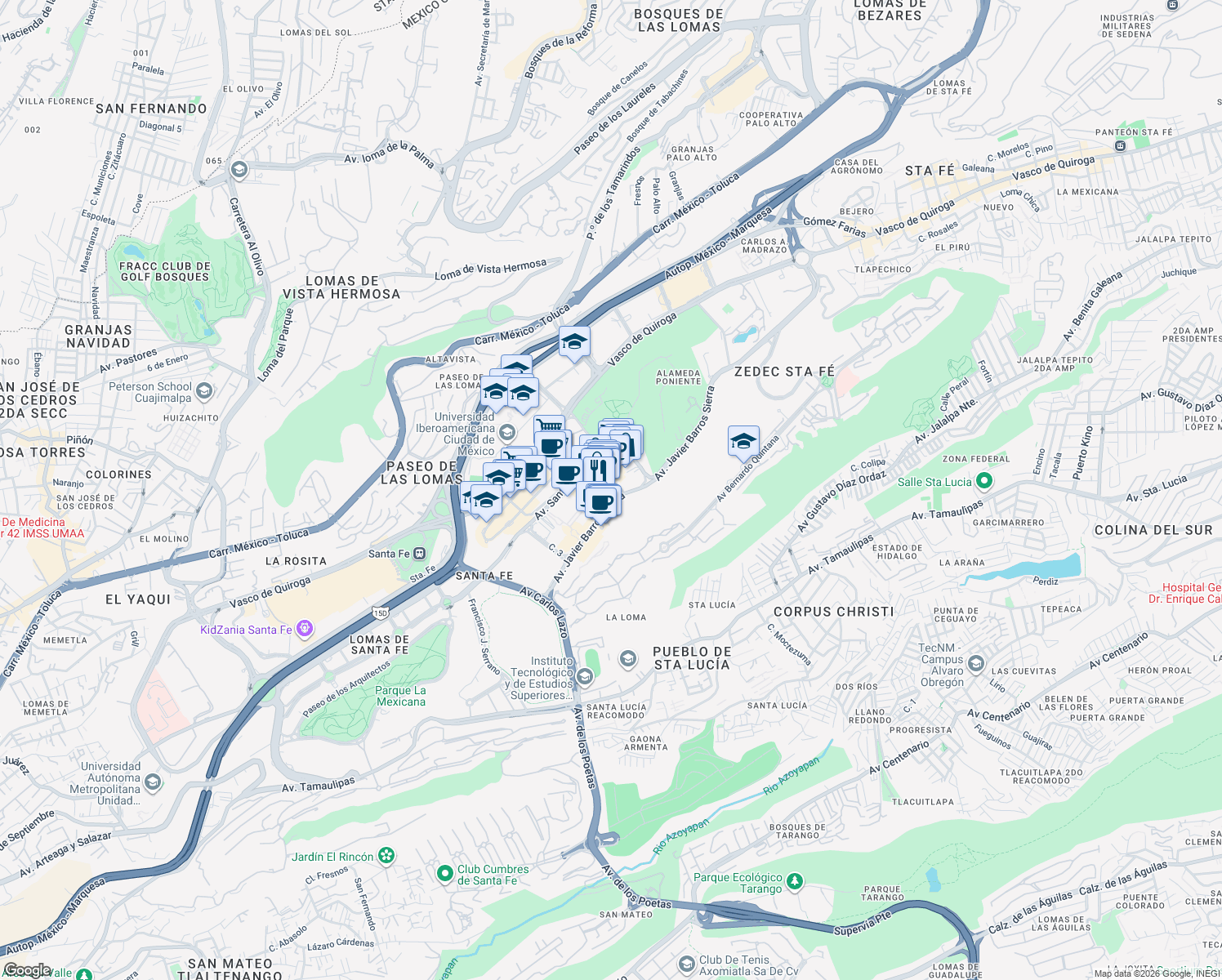 map of restaurants, bars, coffee shops, grocery stores, and more near 495 Avenida Javier Barros Sierra in Ciudad de México