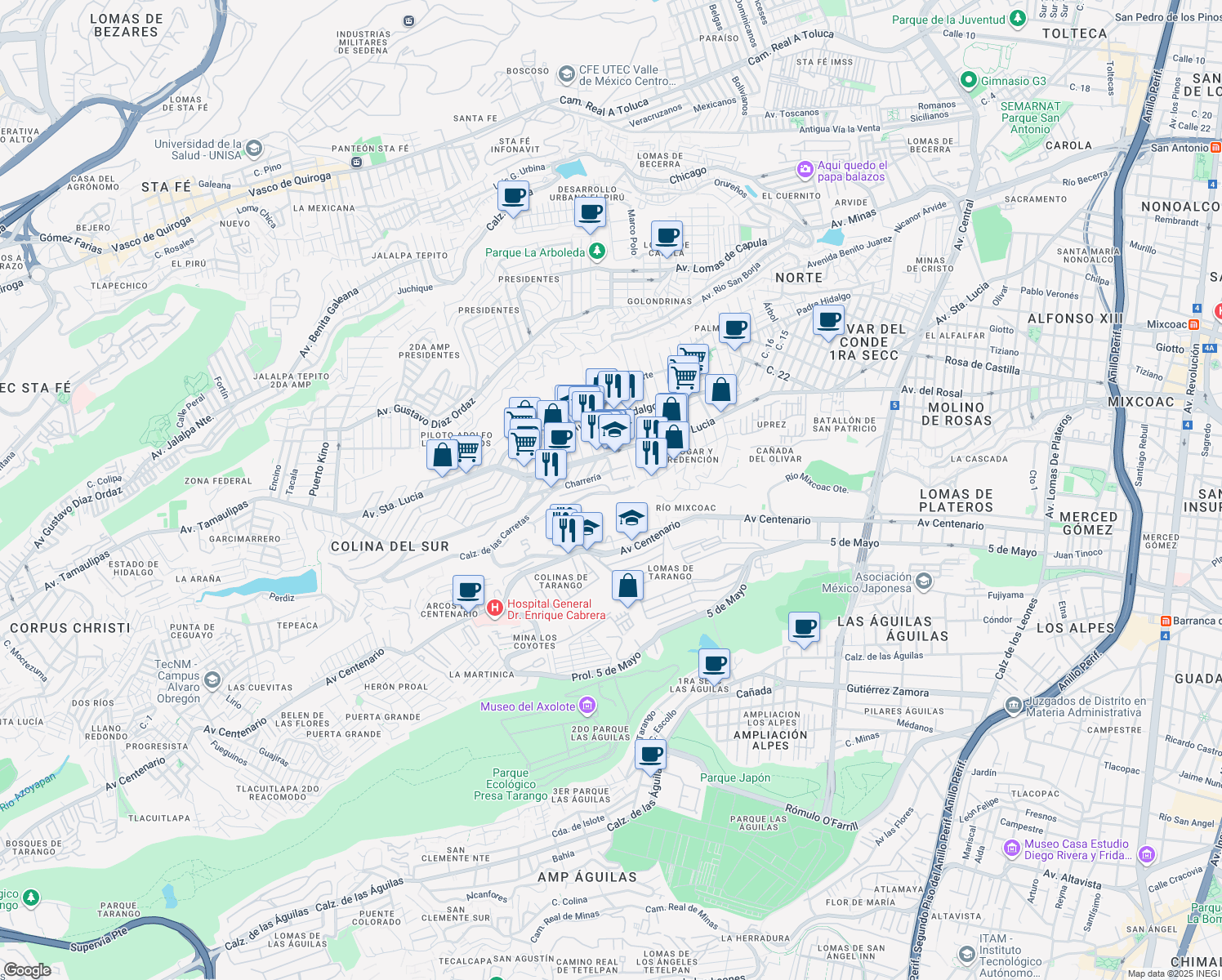 map of restaurants, bars, coffee shops, grocery stores, and more near 15 Cerrada de la Romería in Ciudad de México