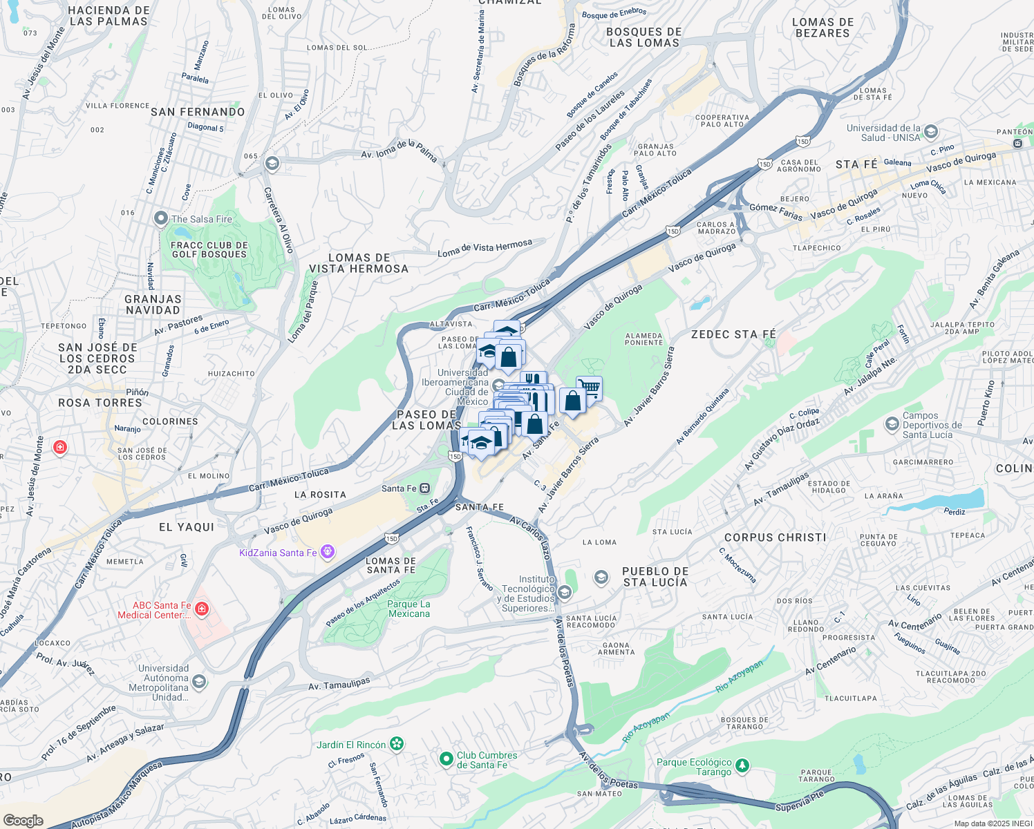map of restaurants, bars, coffee shops, grocery stores, and more near 3200 Vasco de Quiroga in Ciudad de México