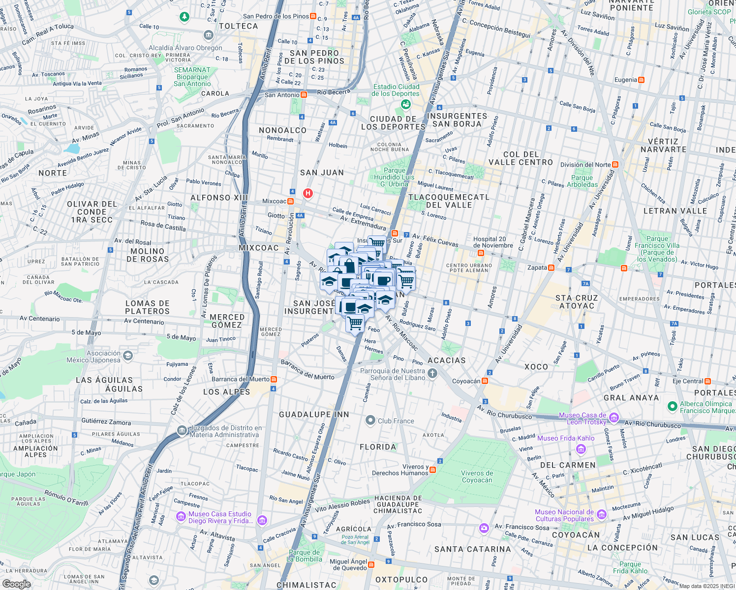 map of restaurants, bars, coffee shops, grocery stores, and more near #1457 Avenida Insurgentes Sur in Ciudad de México