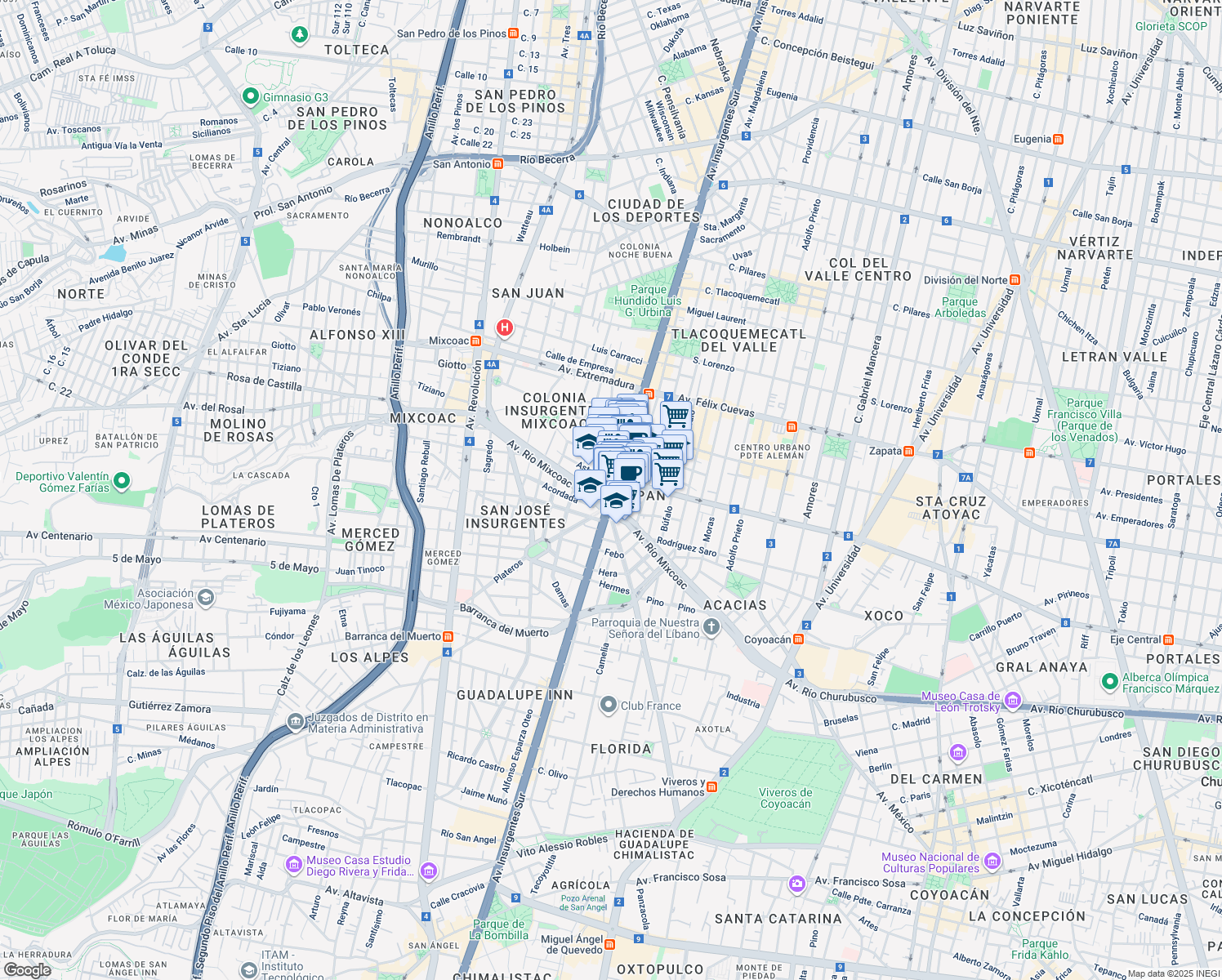 map of restaurants, bars, coffee shops, grocery stores, and more near #1457 Avenida Insurgentes Sur in Ciudad de México