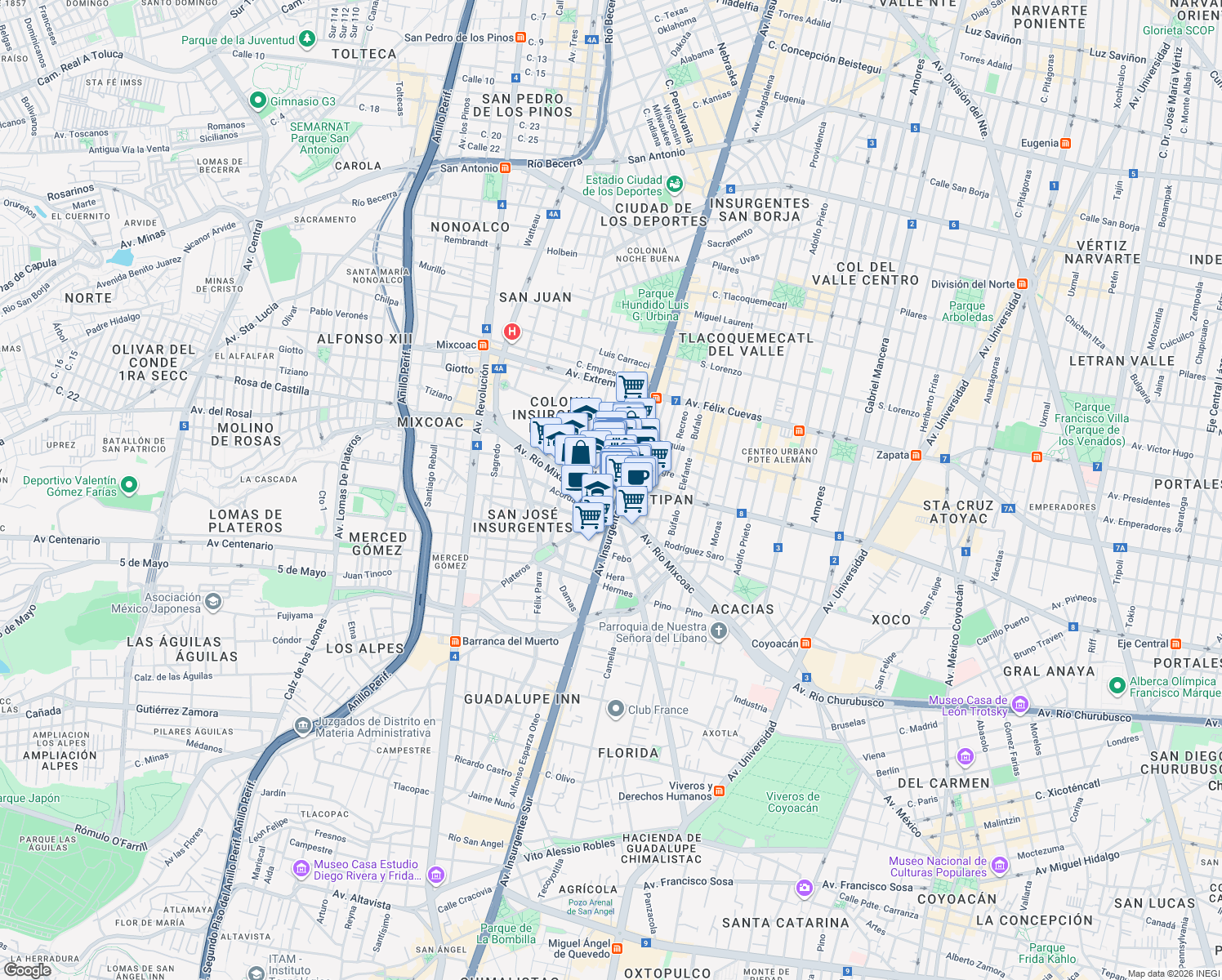 map of restaurants, bars, coffee shops, grocery stores, and more near 1457 Avenida de los Insurgentes Sur in Ciudad de México