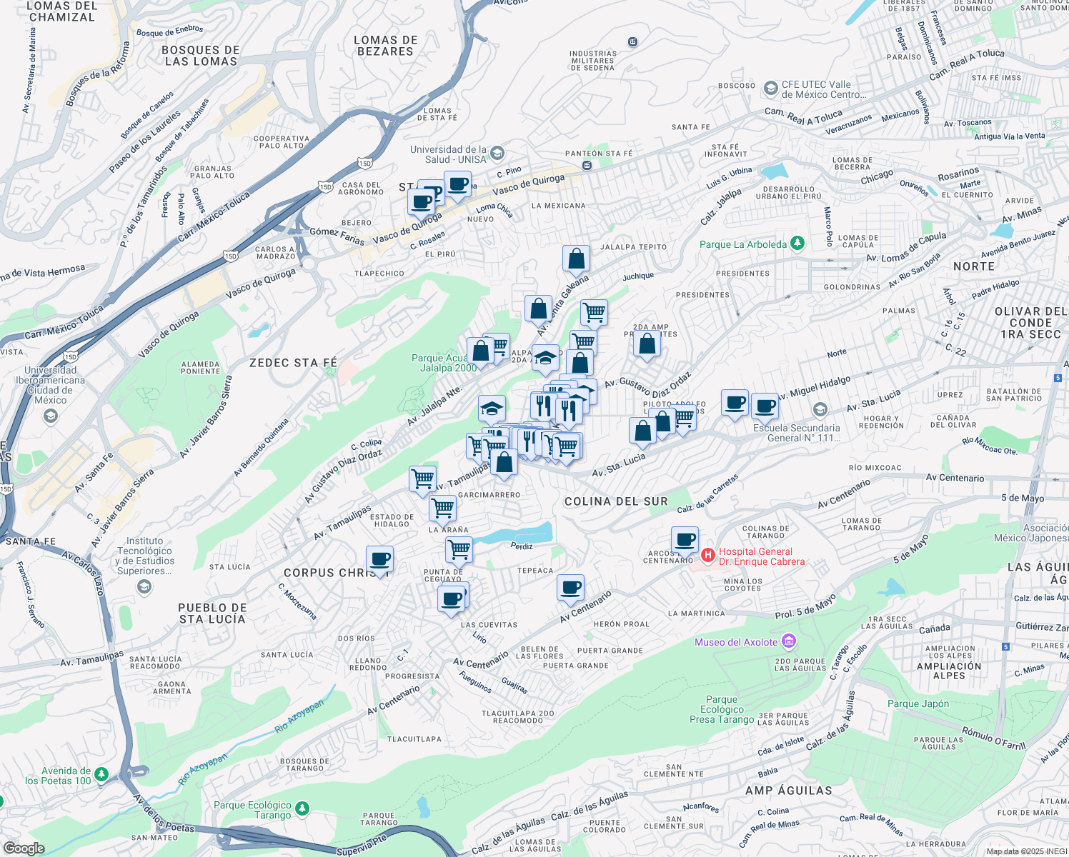 map of restaurants, bars, coffee shops, grocery stores, and more near Tacala in Mexico City