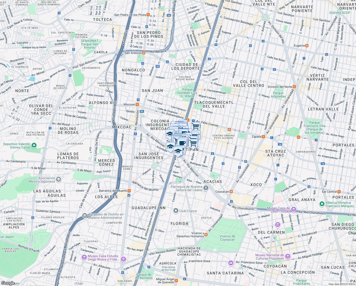 map of restaurants, bars, coffee shops, grocery stores, and more near 1460 Insurgentes Sur in Mexico City