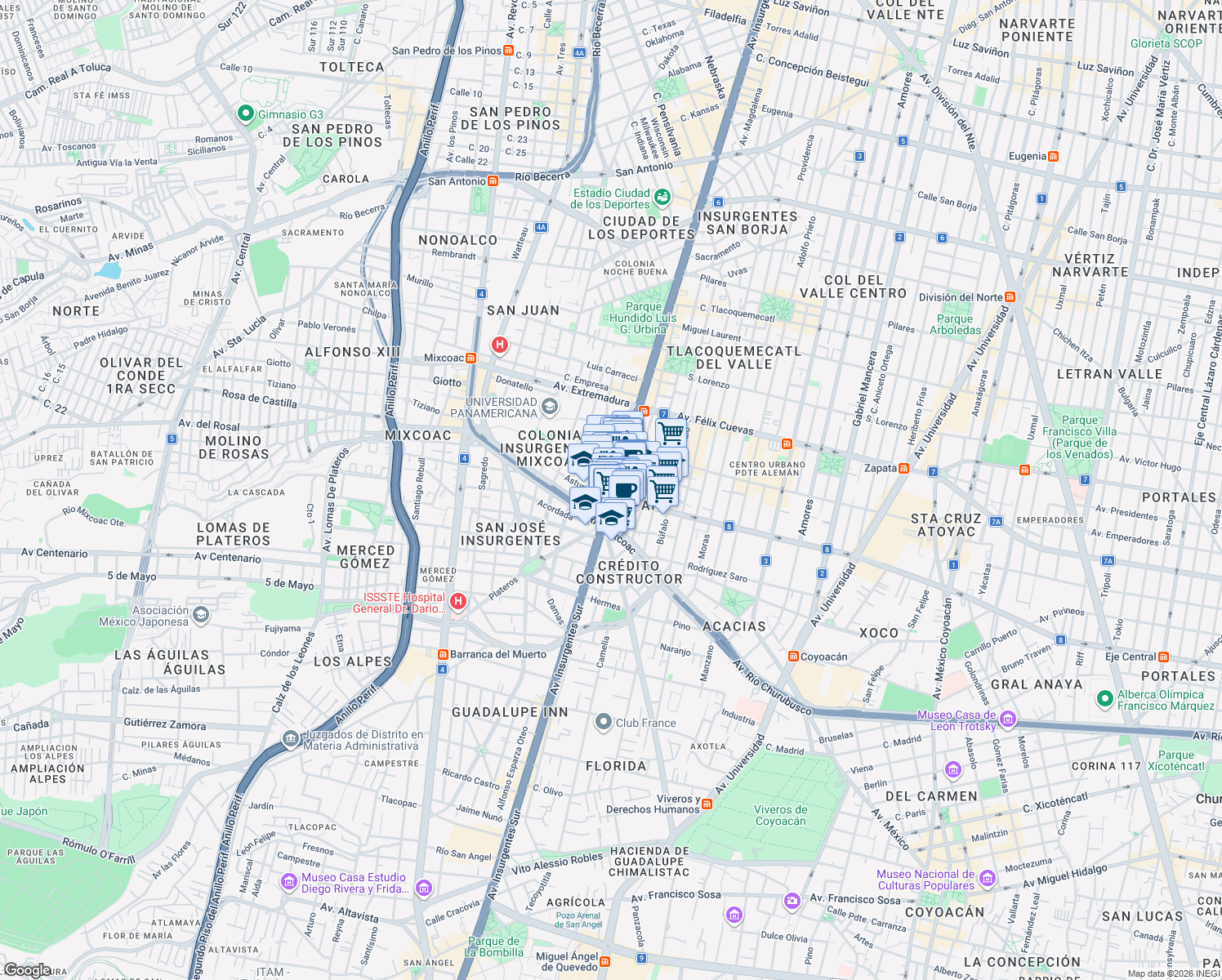 map of restaurants, bars, coffee shops, grocery stores, and more near 1460 Insurgentes Sur in Mexico City