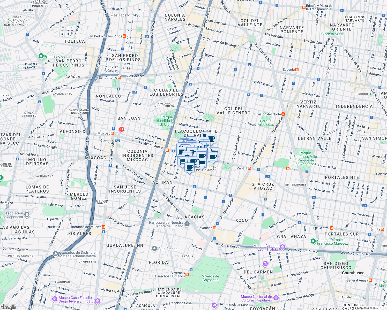 map of restaurants, bars, coffee shops, grocery stores, and more near in Ciudad de México