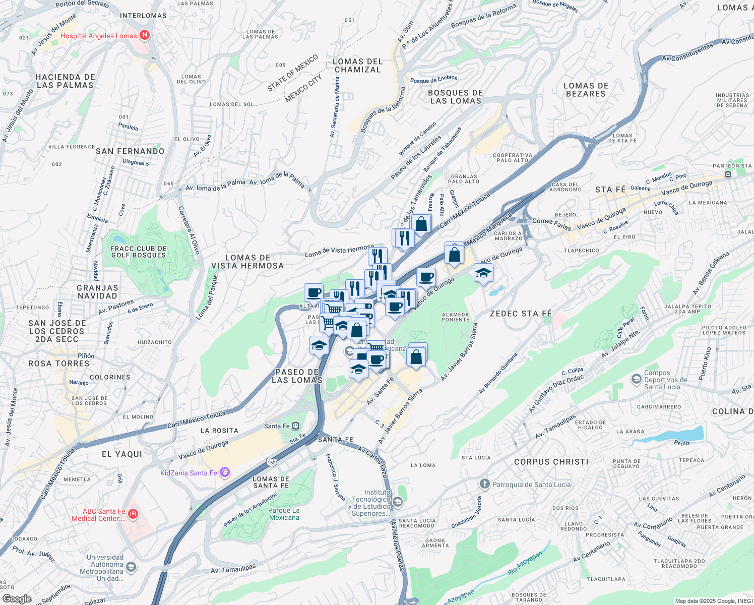 map of restaurants, bars, coffee shops, grocery stores, and more near 627 Prolongación Paseo de la Reforma in Ciudad de México