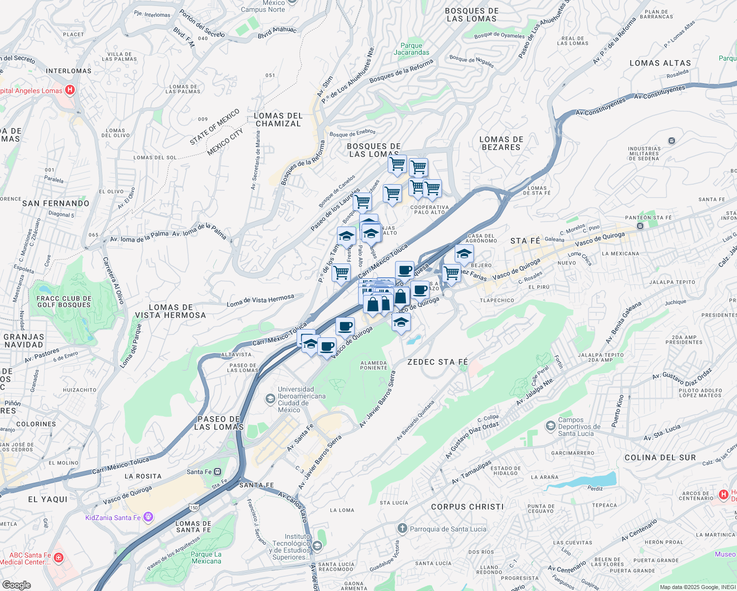 map of restaurants, bars, coffee shops, grocery stores, and more near 355 Avenida Santa Fe in Ciudad de México