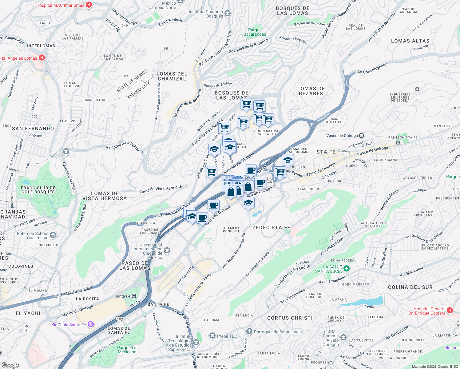 map of restaurants, bars, coffee shops, grocery stores, and more near 355 Avenida Santa Fe in Ciudad de México