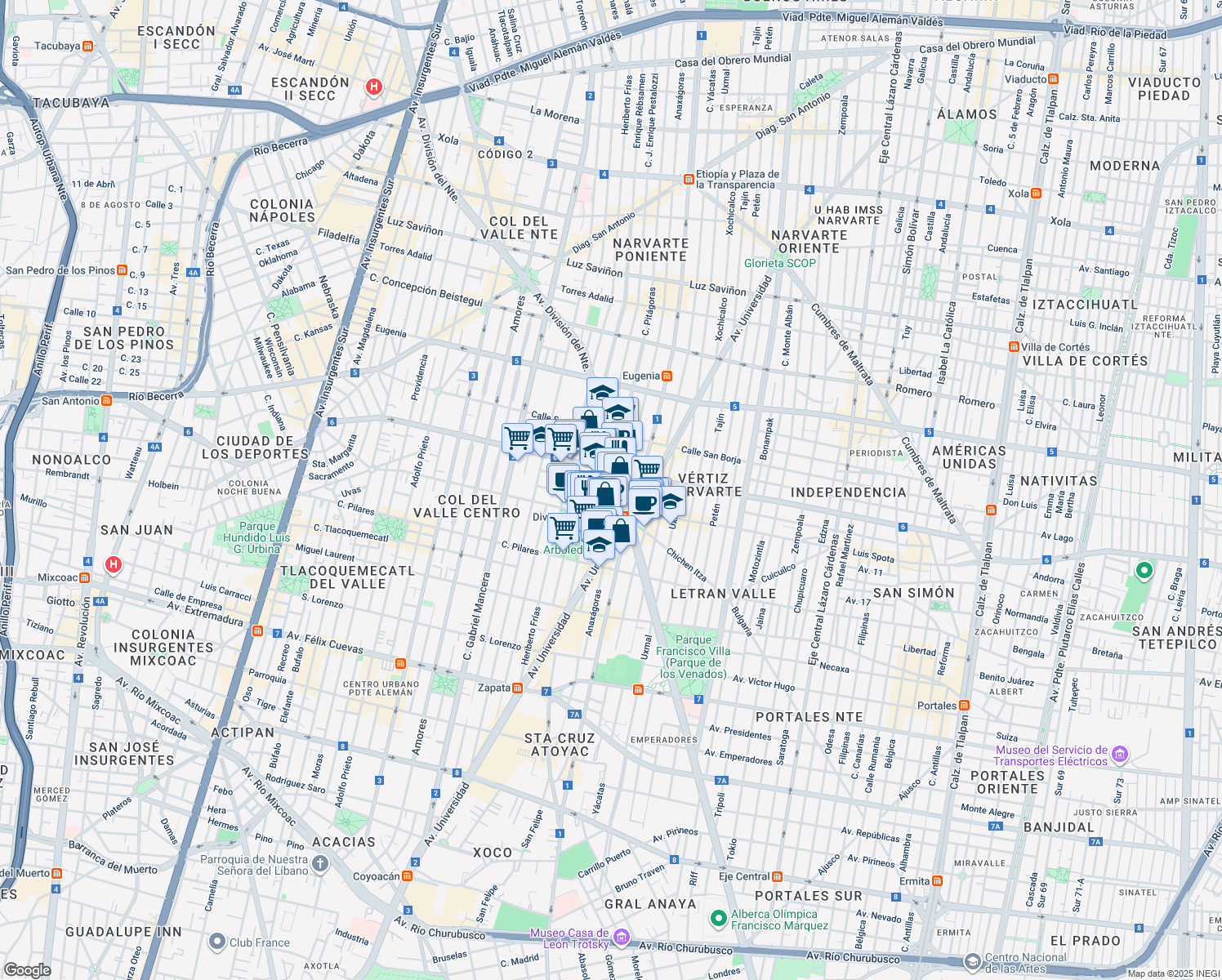 map of restaurants, bars, coffee shops, grocery stores, and more near 1085 Avenida División del Norte in Ciudad de México
