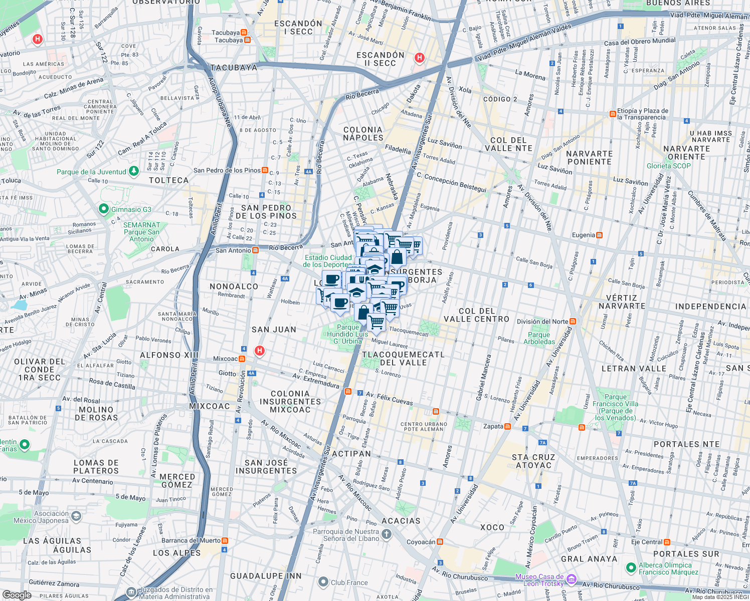 map of restaurants, bars, coffee shops, grocery stores, and more near 1082 Avenida Insurgentes Sur in Ciudad de México