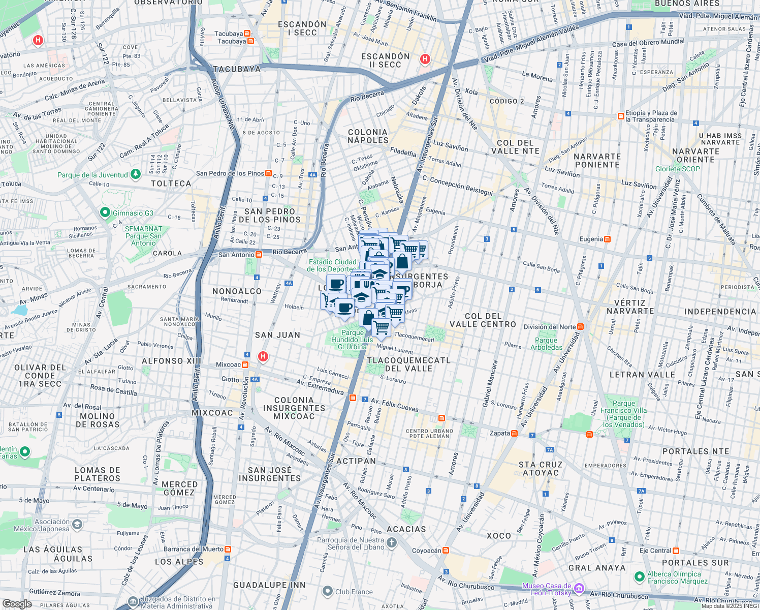 map of restaurants, bars, coffee shops, grocery stores, and more near 1082 Avenida Insurgentes Sur in Ciudad de México