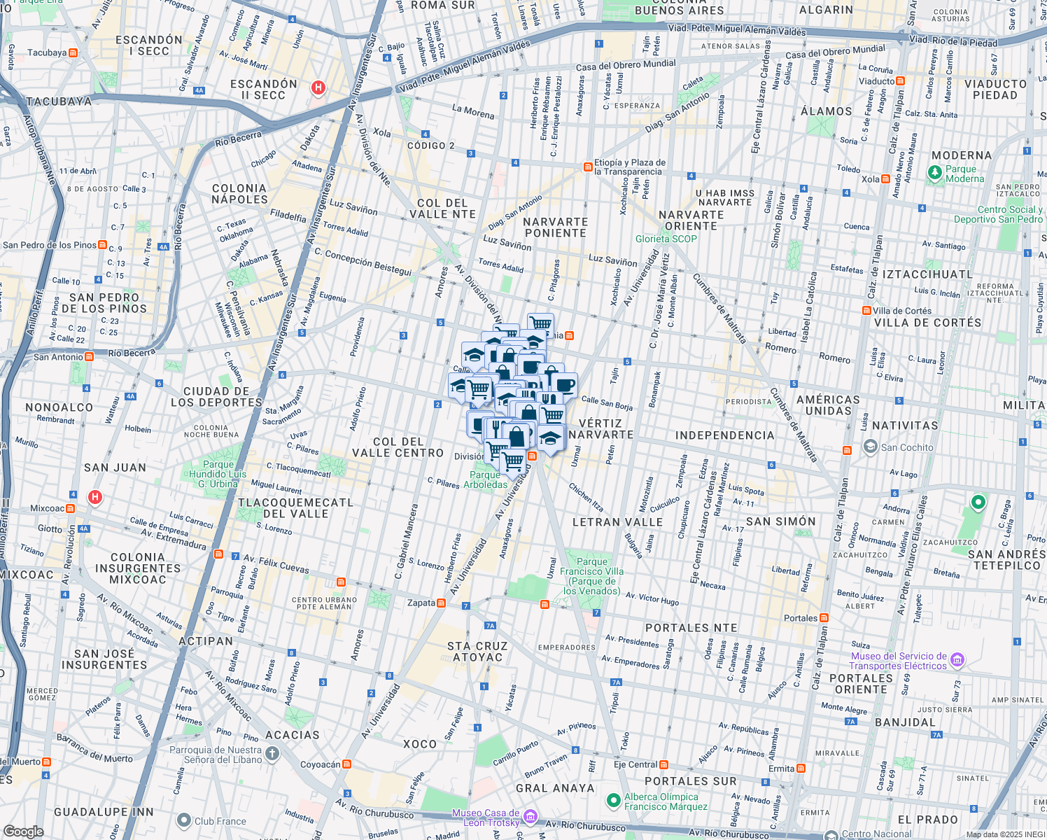 map of restaurants, bars, coffee shops, grocery stores, and more near 1085 Avenida División del Norte in Ciudad de México