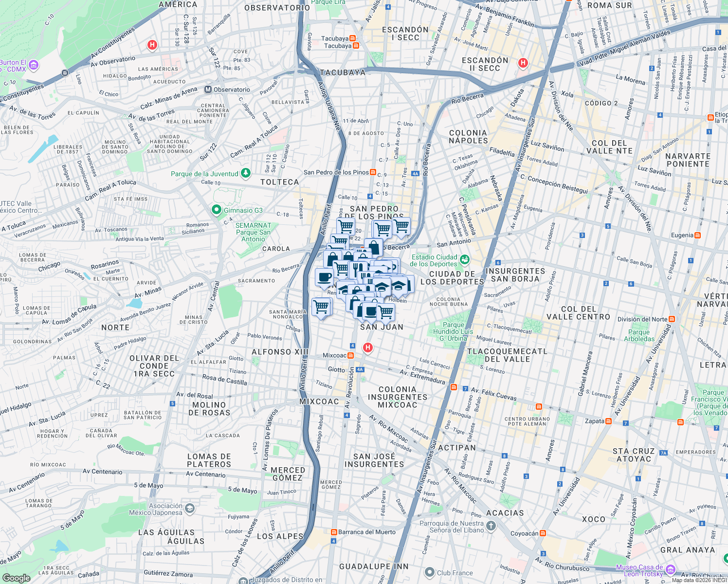 map of restaurants, bars, coffee shops, grocery stores, and more near 756 Avenida Revolución in Ciudad de México
