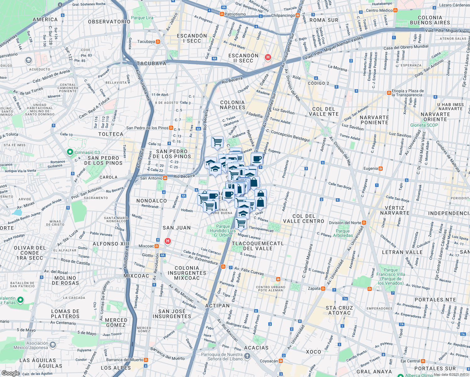 map of restaurants, bars, coffee shops, grocery stores, and more near 260 Calle Indiana in Ciudad de México