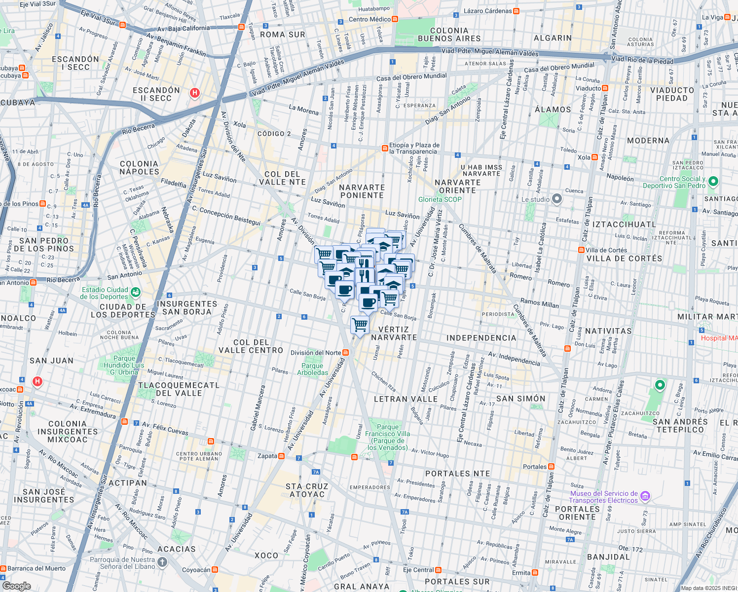 map of restaurants, bars, coffee shops, grocery stores, and more near 968 Avenida Cuauhtémoc in Ciudad de México