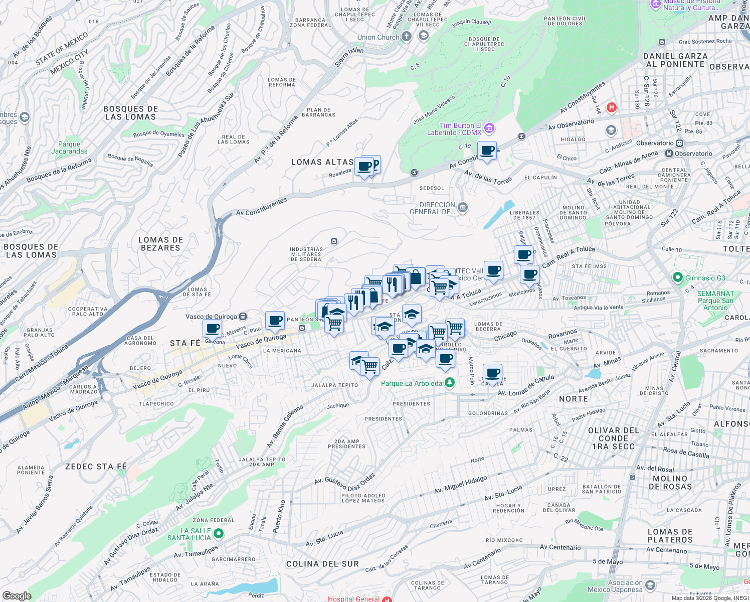map of restaurants, bars, coffee shops, grocery stores, and more near in Mexico City