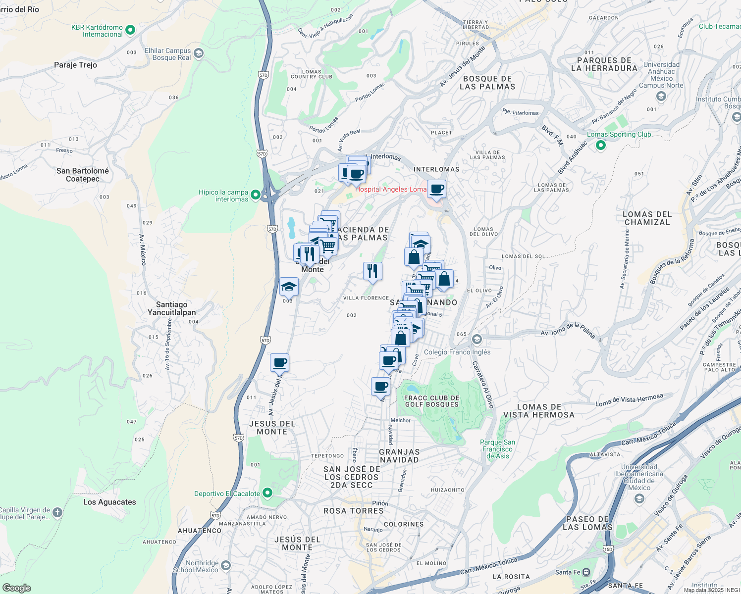 map of restaurants, bars, coffee shops, grocery stores, and more near Hacienda el Ciervo in Jesús del Monte