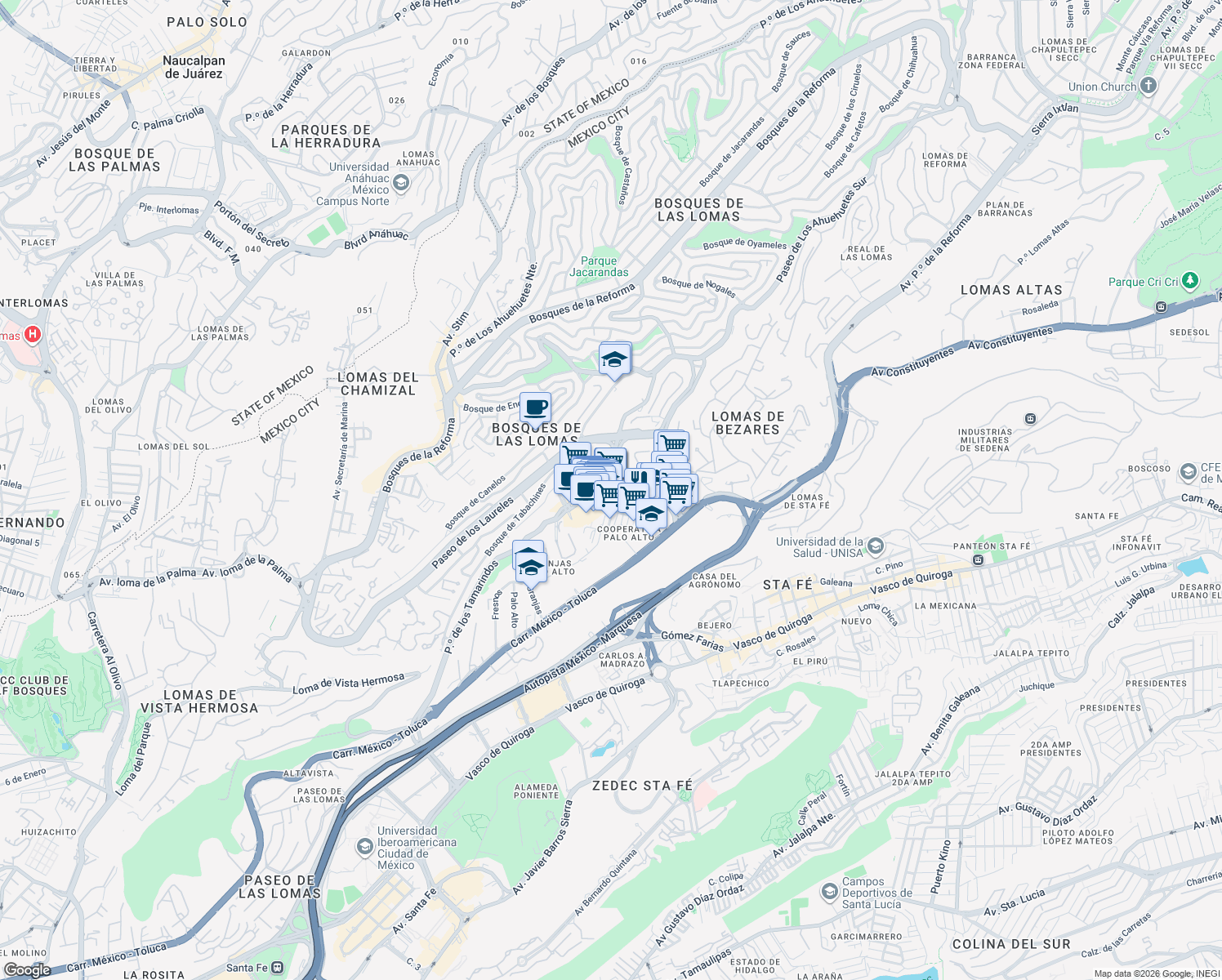 map of restaurants, bars, coffee shops, grocery stores, and more near 400B Paseo de los Tamarindos in Ciudad de México