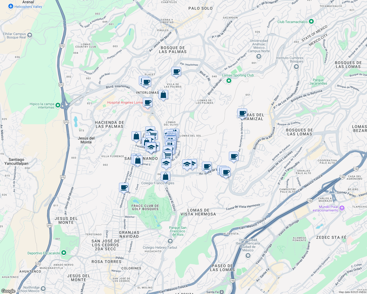 map of restaurants, bars, coffee shops, grocery stores, and more near 9 Privada de los Fresnos in Naucalpan de Juárez