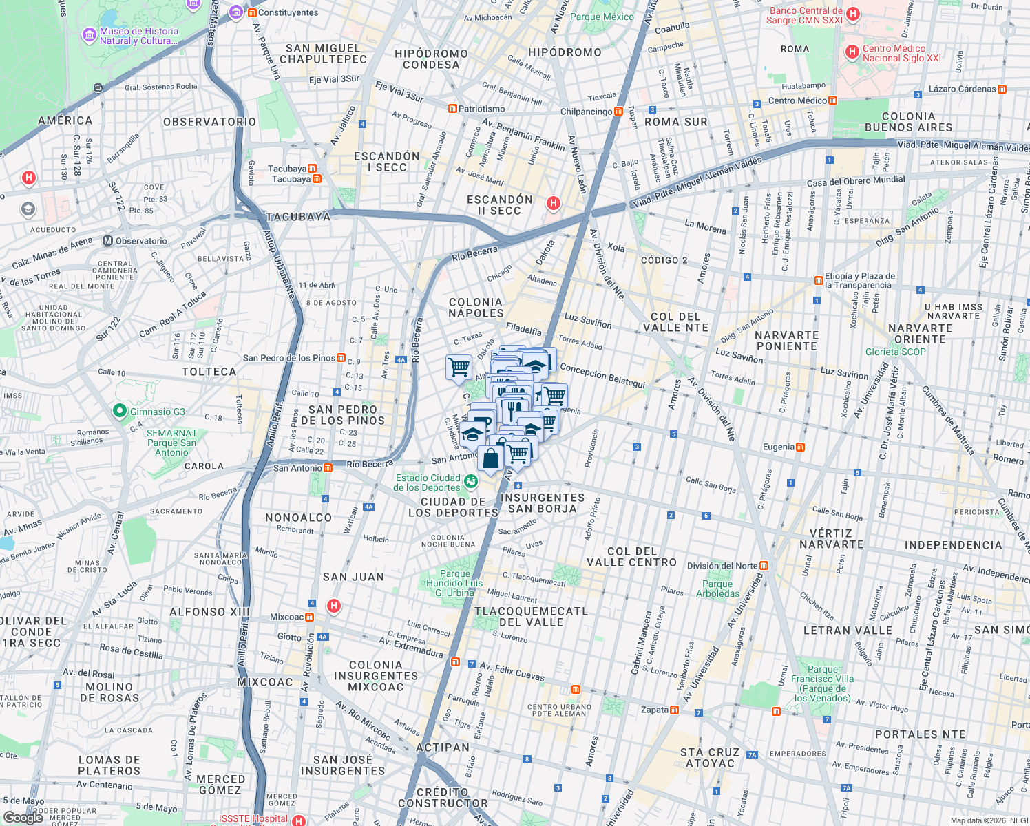 map of restaurants, bars, coffee shops, grocery stores, and more near 863 Avenida Insurgentes Sur in Ciudad de México