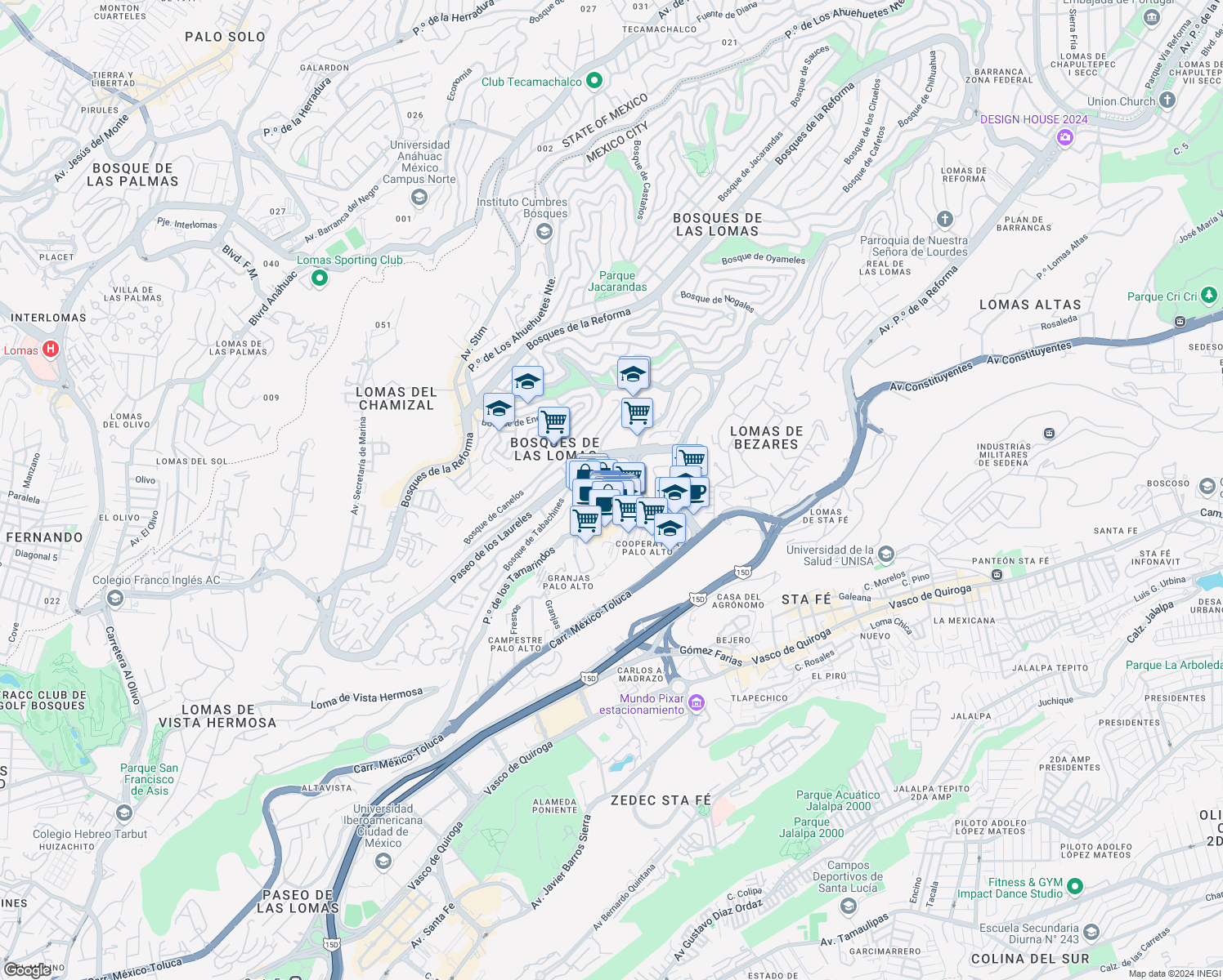 map of restaurants, bars, coffee shops, grocery stores, and more near 60 Paseo de los Tamarindos in Ciudad de México
